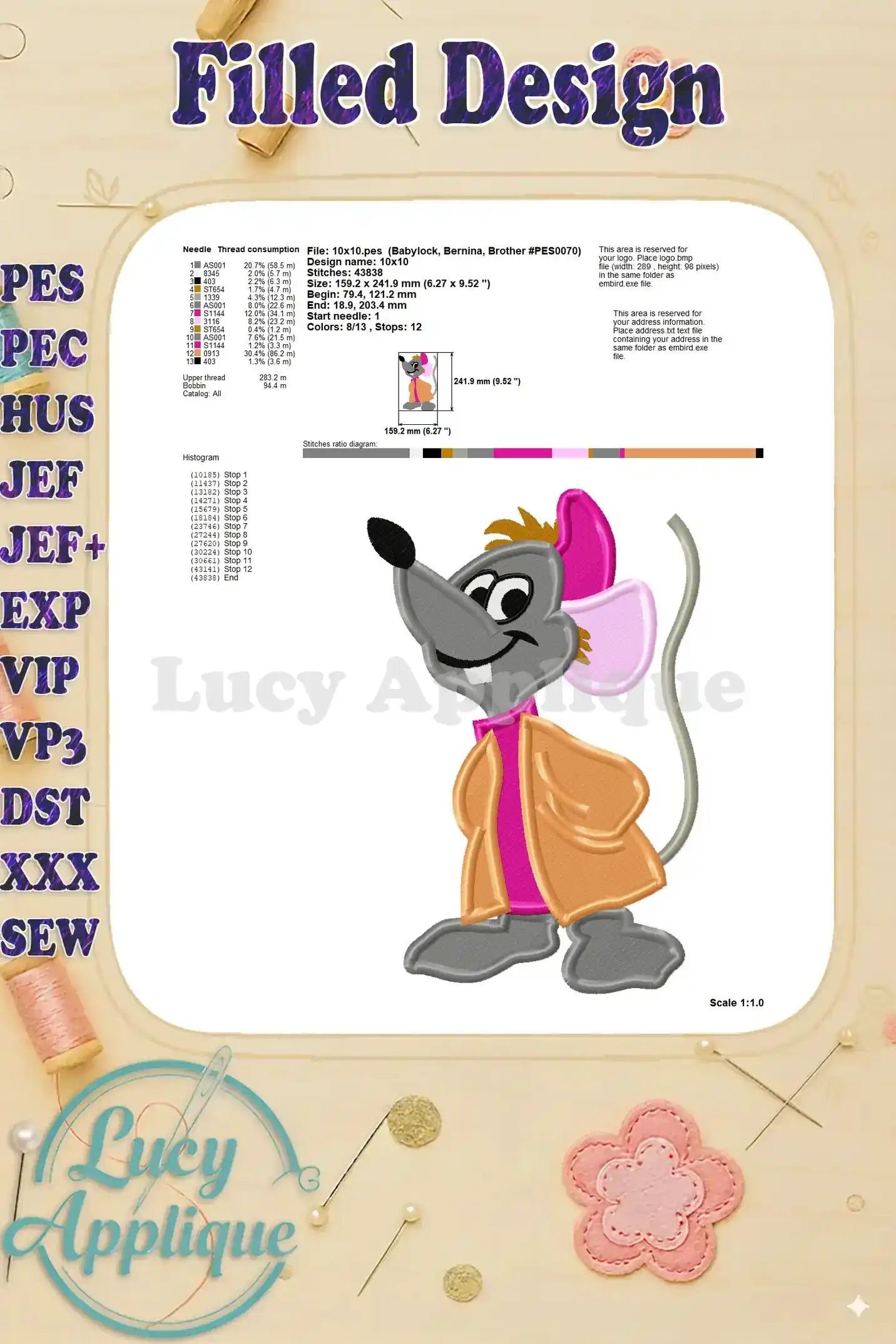 A detailed technical sheet for the Jaq embroidery design, providing information on needle type, thread consumption, design size, and other technical specifications.