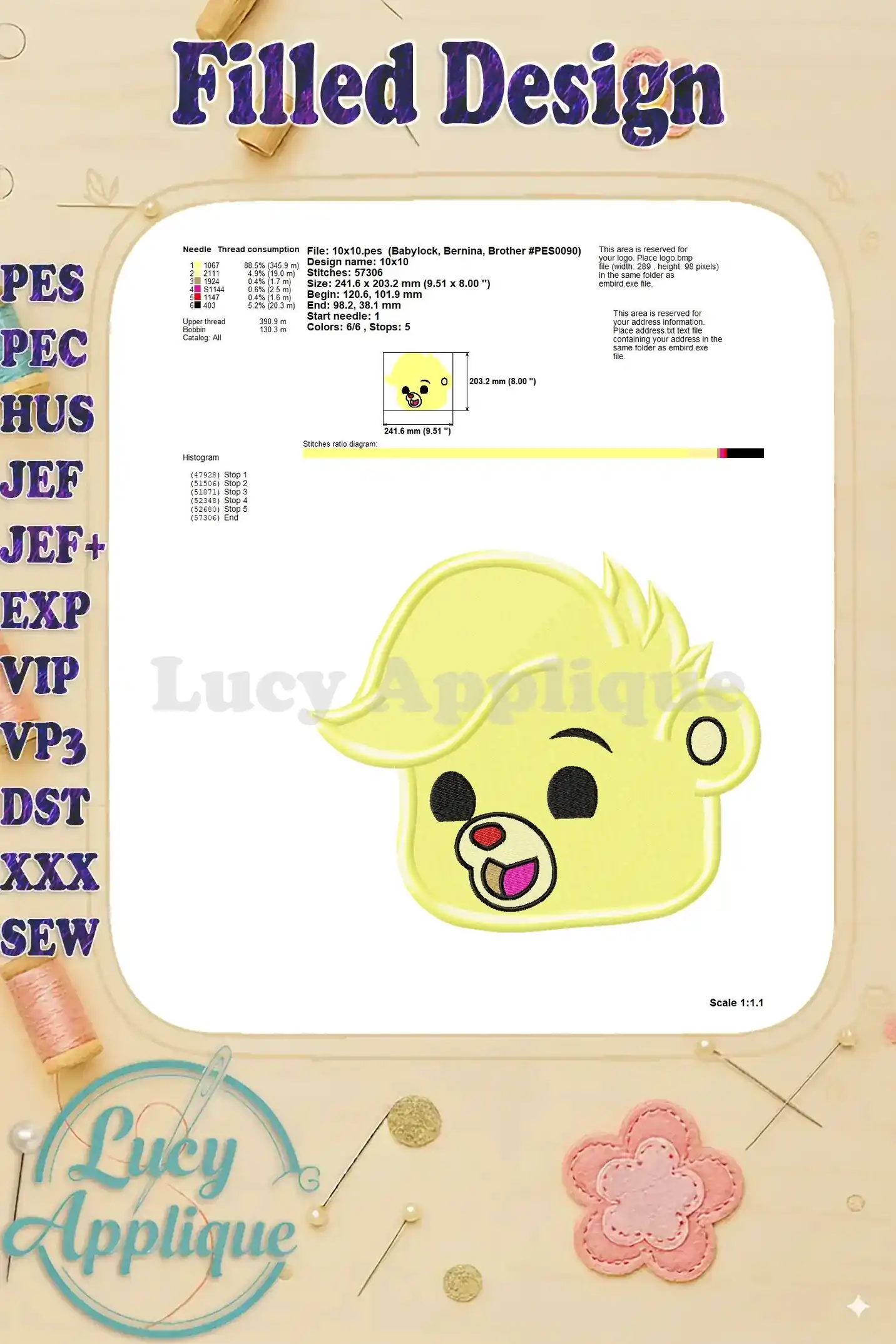 This detailed diagram shows the stitch count, needle specifications, and design dimensions for the Sunni Gummi filled embroidery design.