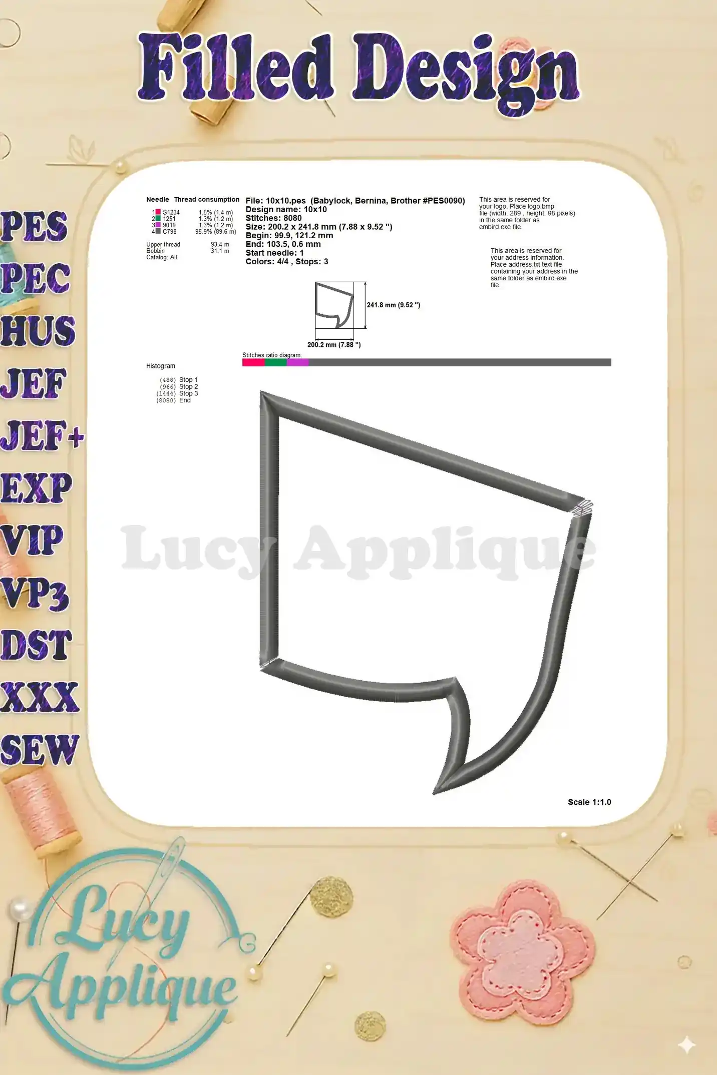 Needle and thread consumption details for the Comic Speech Bubble Appliqué embroidery design are displayed in this image.