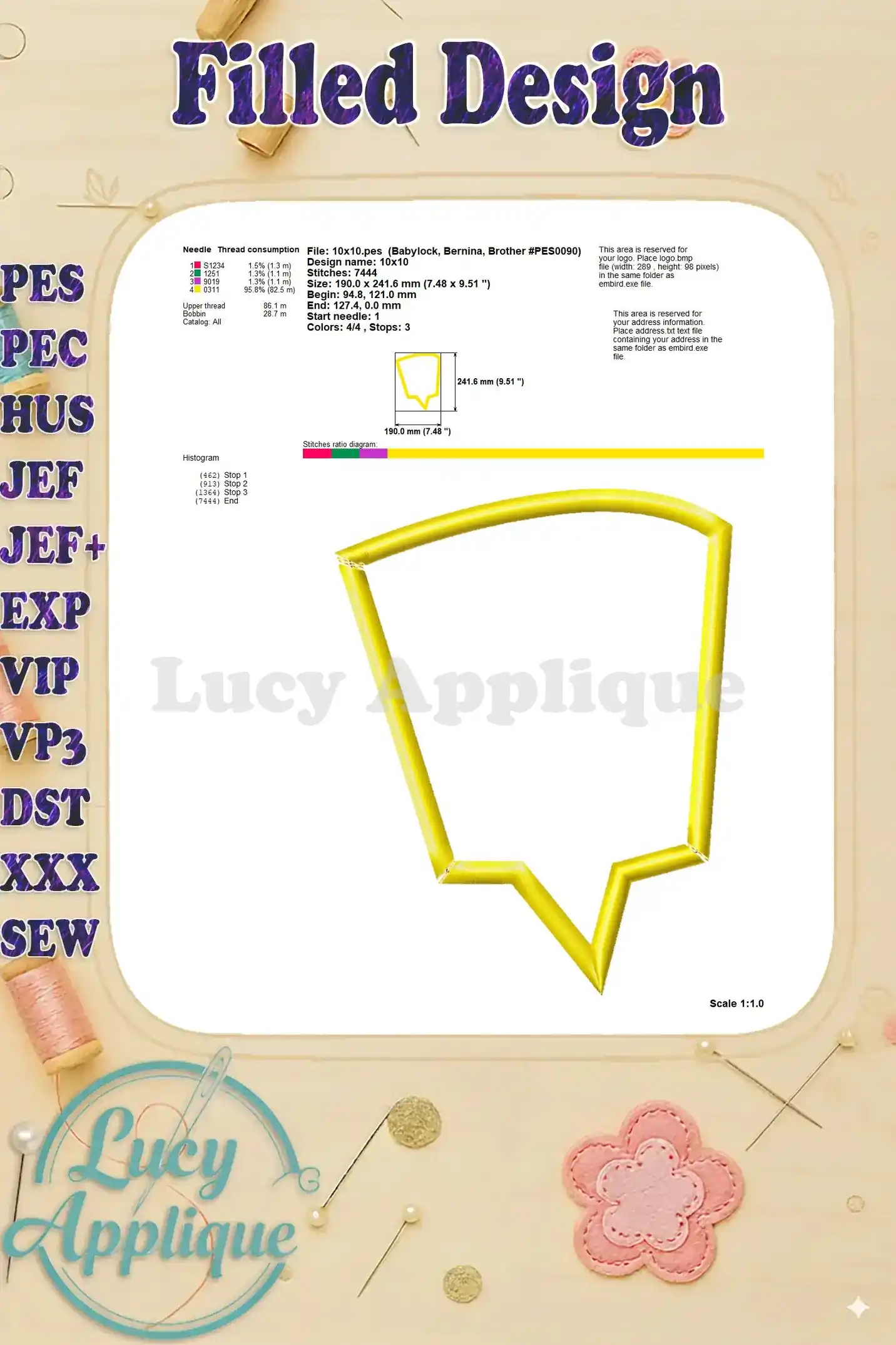Detailed information about the filled design, including thread consumption, stitch diagram, and design specifications for precise embroidery.