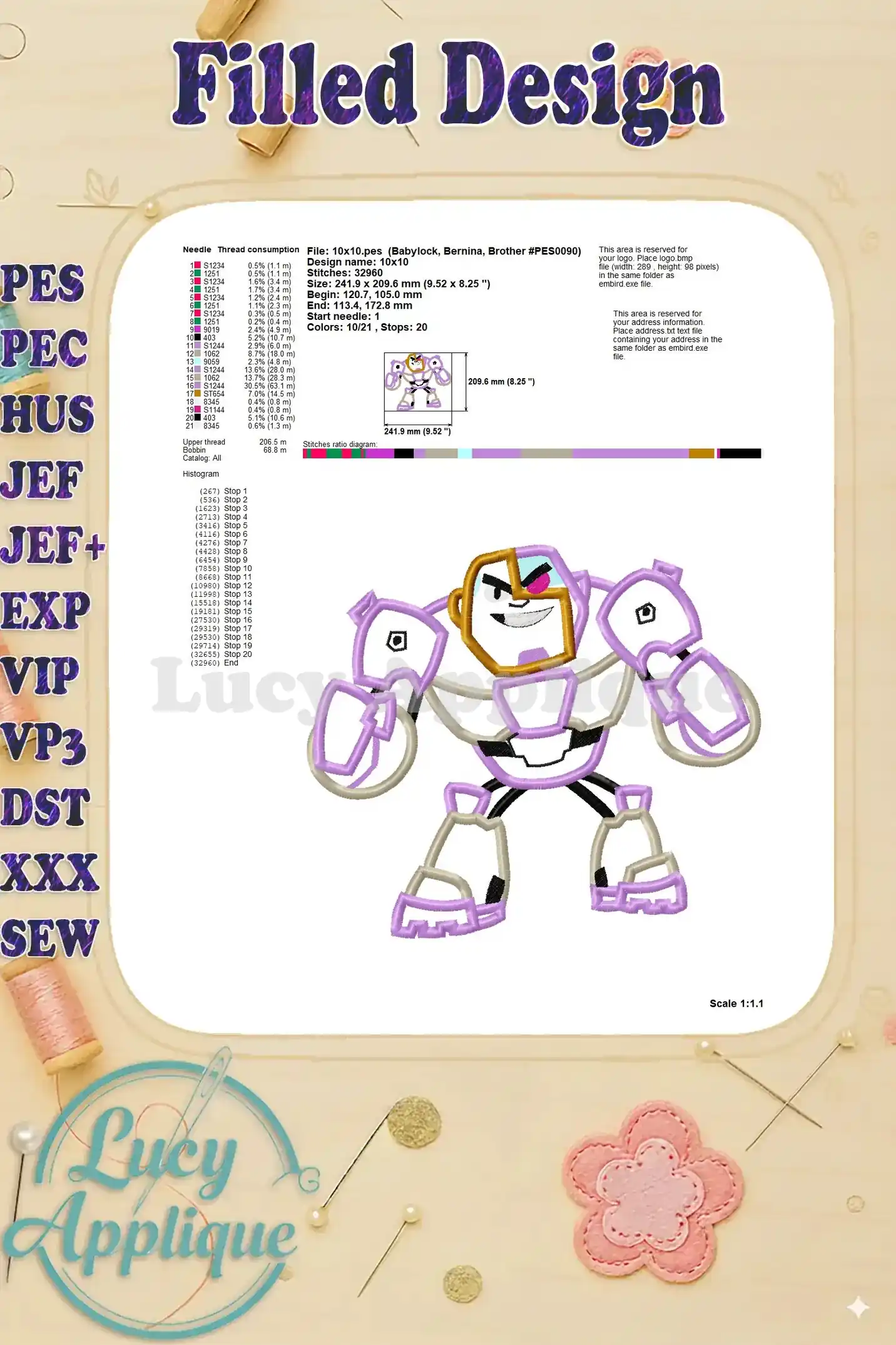 Worksheet for the filled Cyborg design, including thread consumption details and stitch information.
