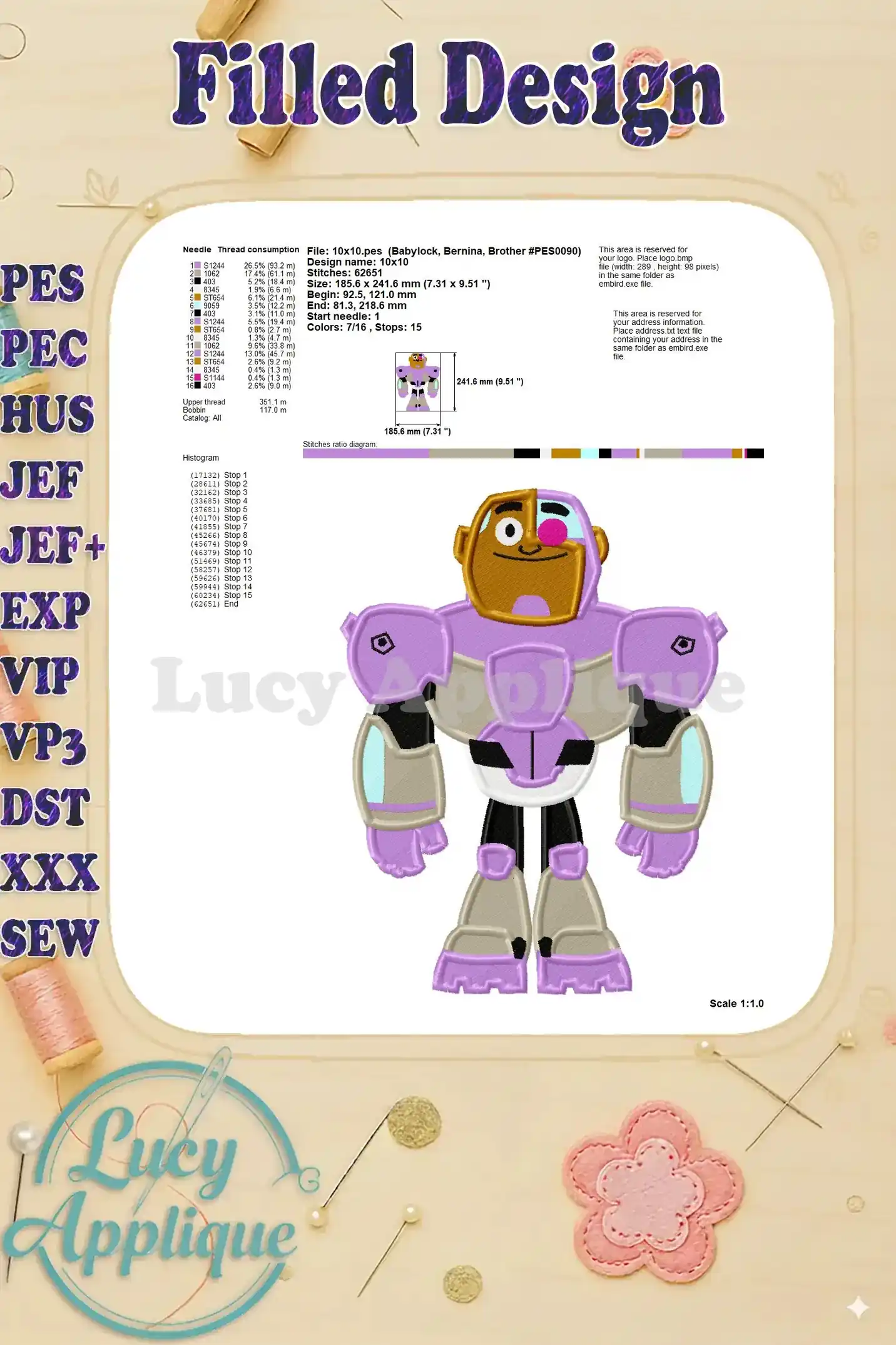 Detailed information on thread consumption, design size, stitch count, and needle specifications for the Cyborg Teen Titans Go! design.