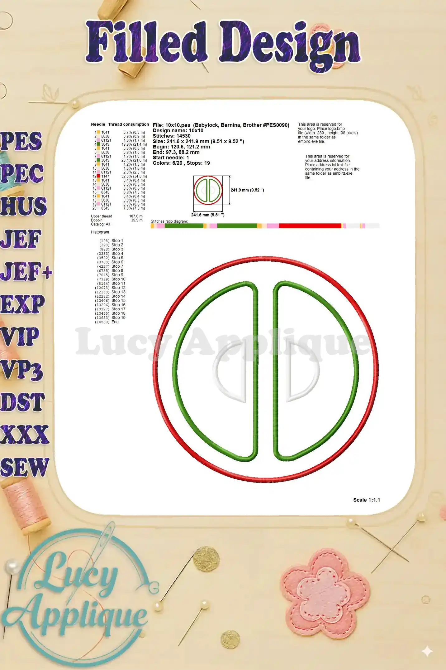 This image provides detailed information on needle and thread usage for the Deadpool applique embroidery design, including stitch counts and dimensions.