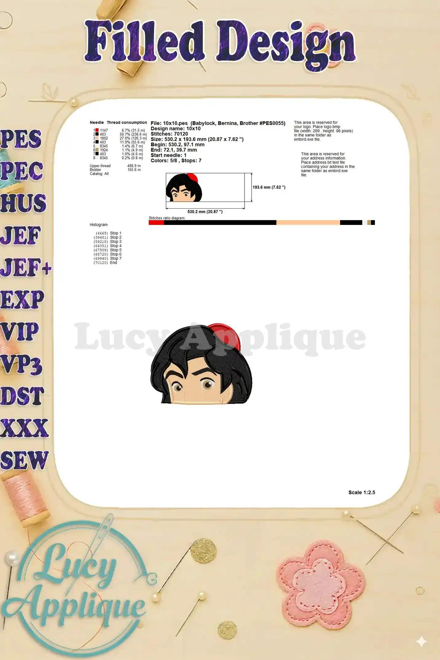 Needle thread consumption and design specifications for the Aladdin head embroidery design. Includes size and stitch details.