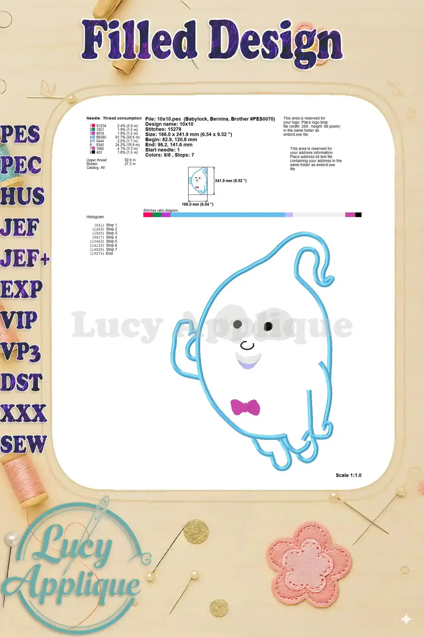 Detailed information on needle and thread consumption for the Demi Vampirina ghost embroidery design, including the design size and stitch count. Useful for preparation.