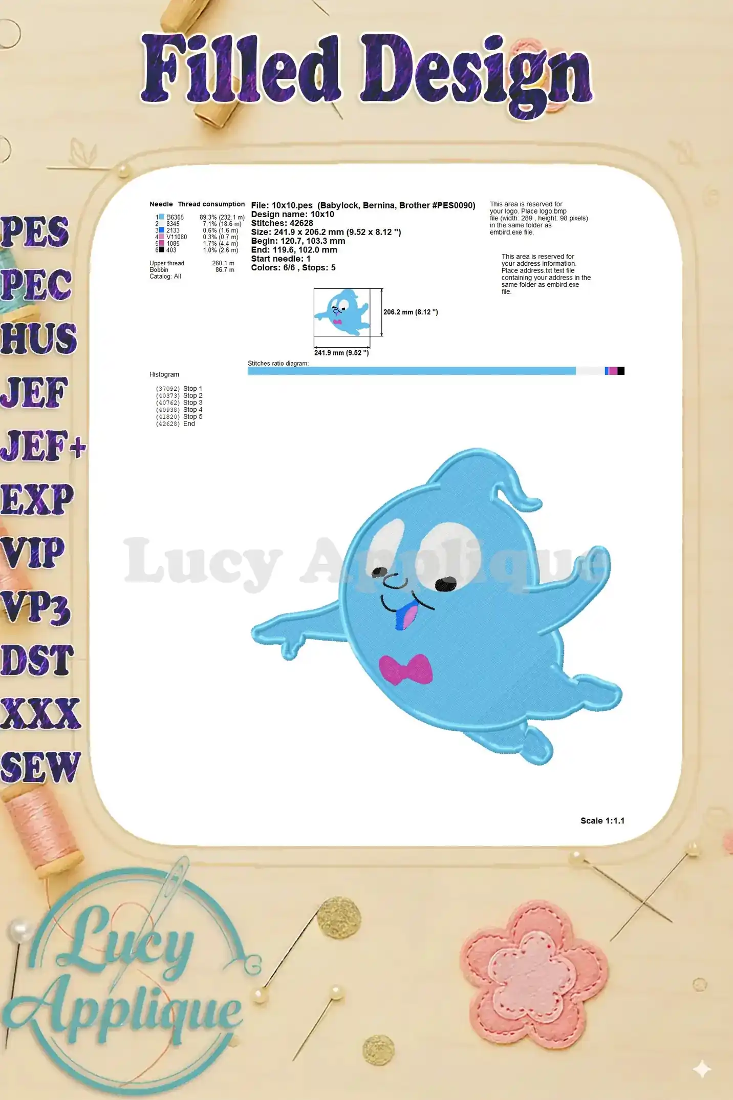 Technical specifications and needle/thread information for the Demi Vampirina Fill Embroidery Design 02, ensuring successful embroidery.