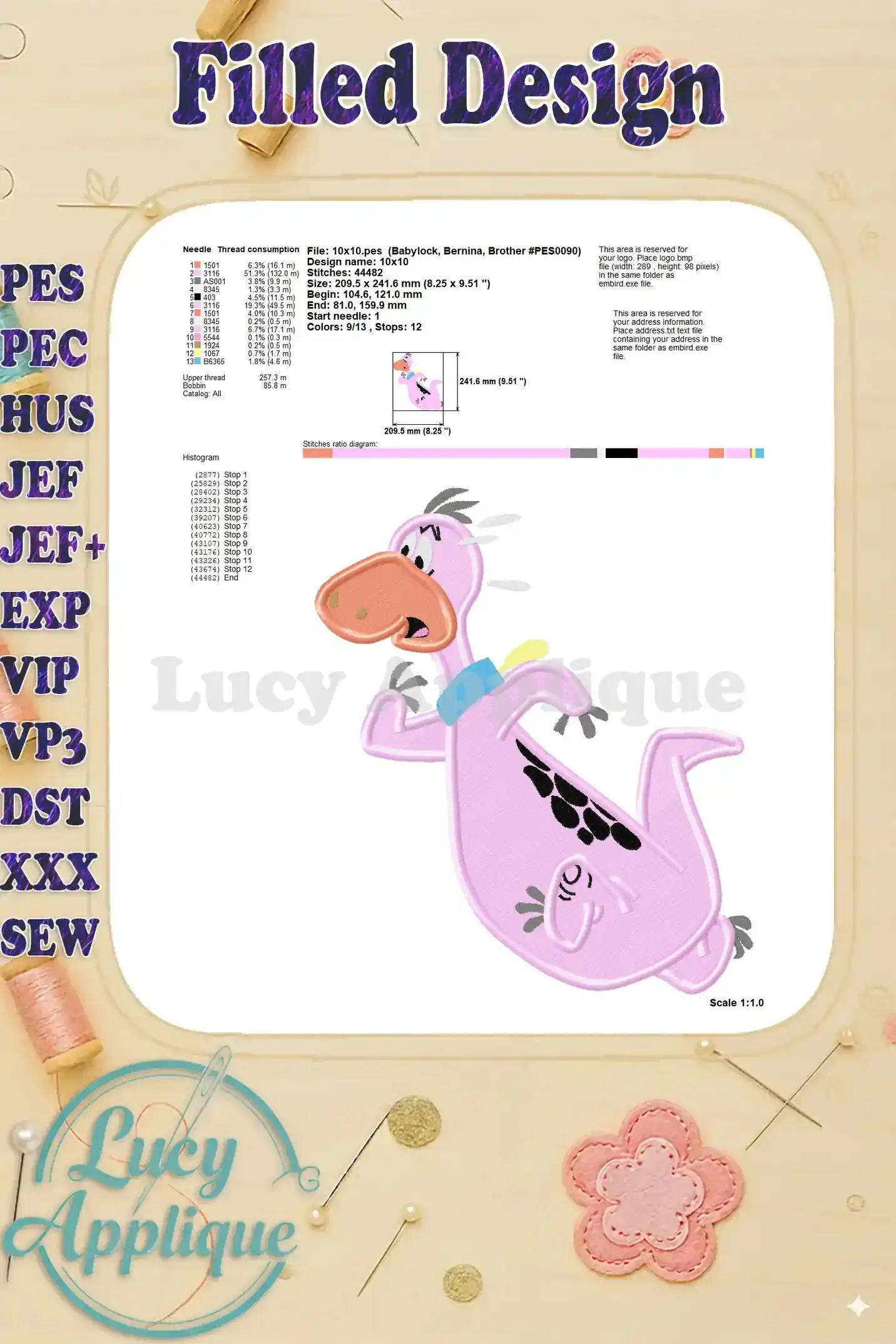 Another detailed design sheet for the Dino The Flintstones embroidery design, showing needle and thread consumption, design dimensions, and other specifications.