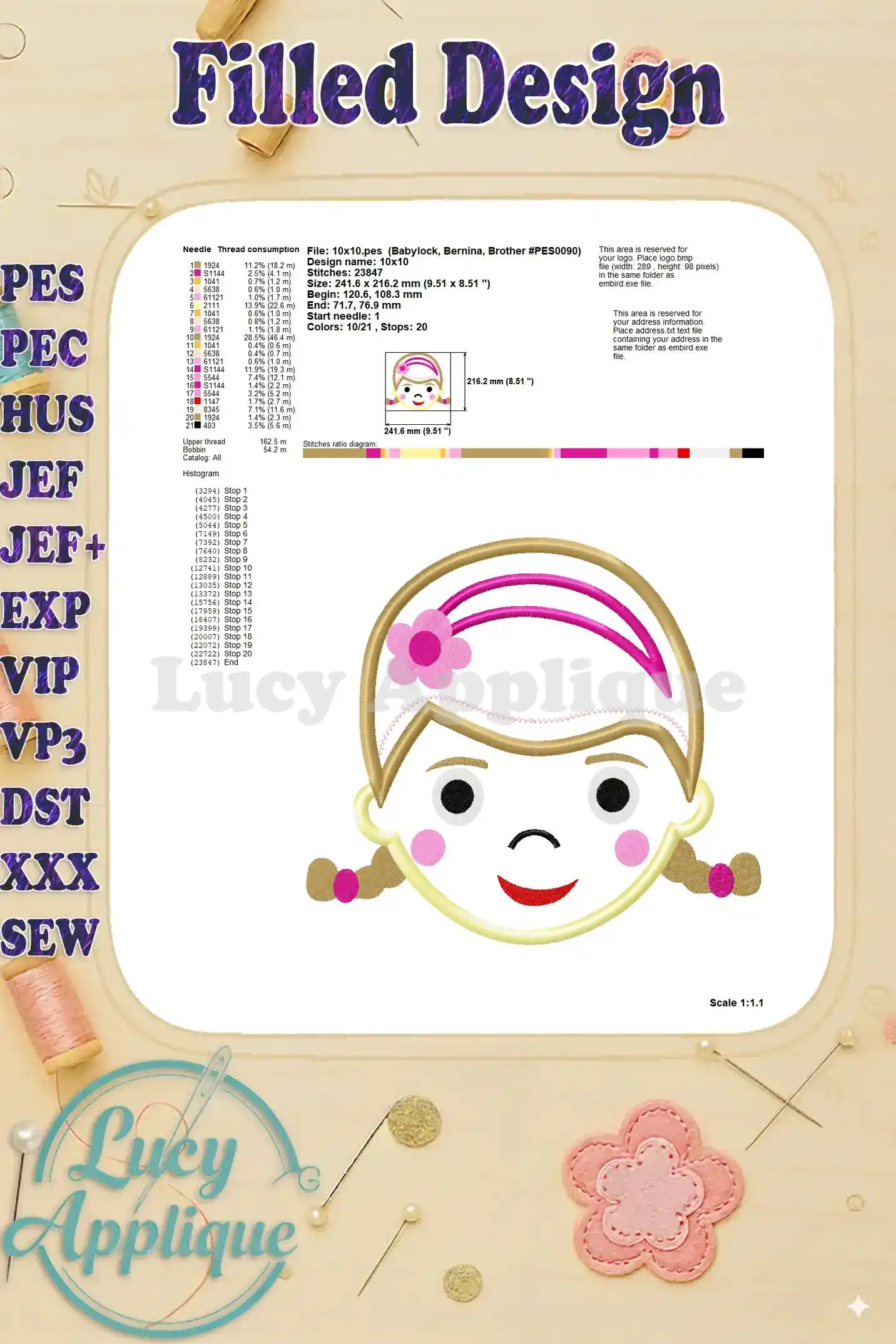 Detailed information about the filled Doc McStuffins applique design, including thread consumption, design size, and other essential details for embroidery.