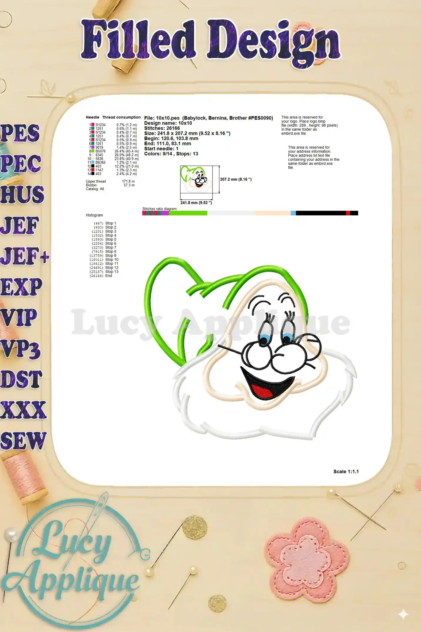 Detailed information on thread consumption, design size, and other technical specifications for the filled Doc applique embroidery design.