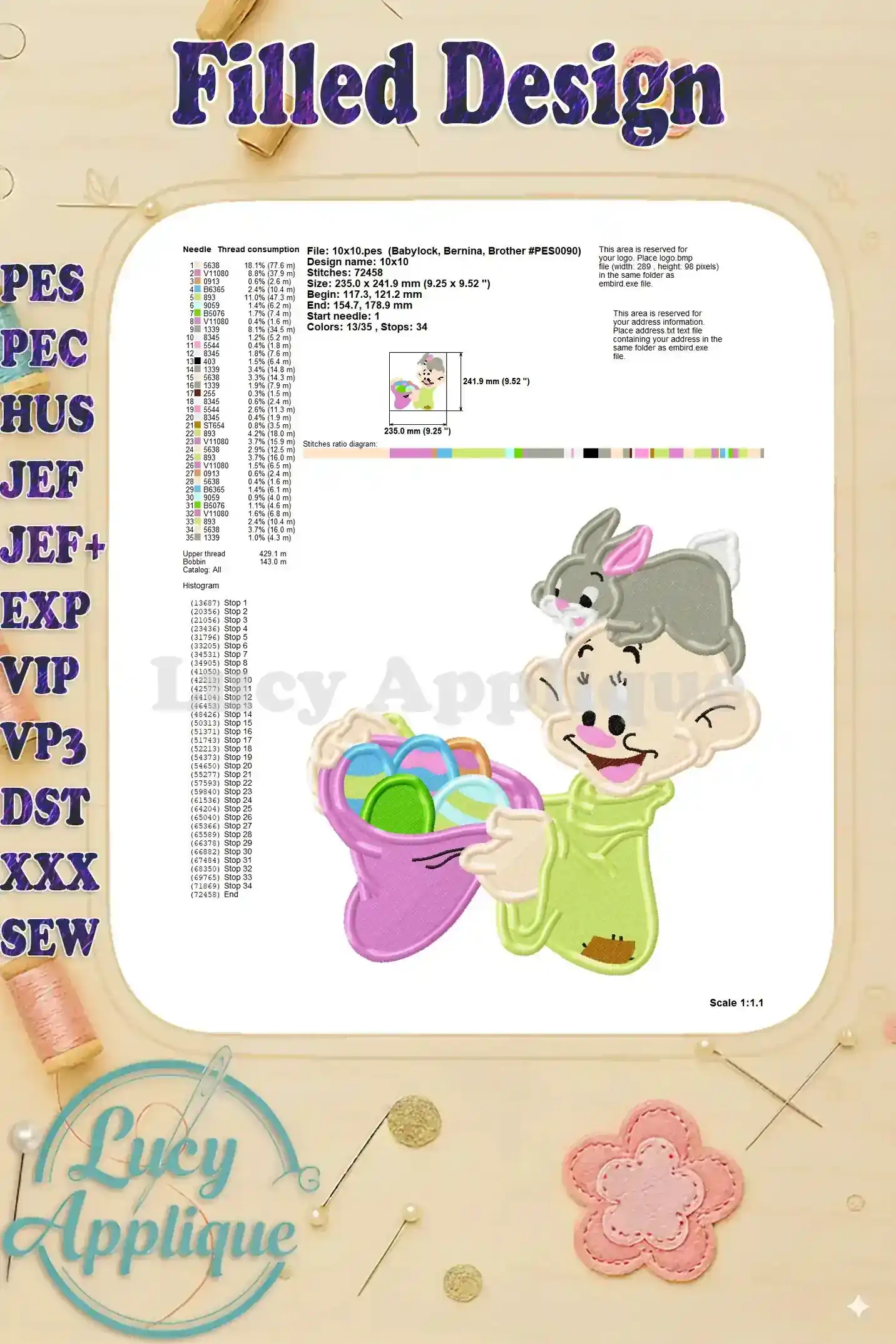 Needle and thread information for the Dopey Easter embroidery design, including size and type.