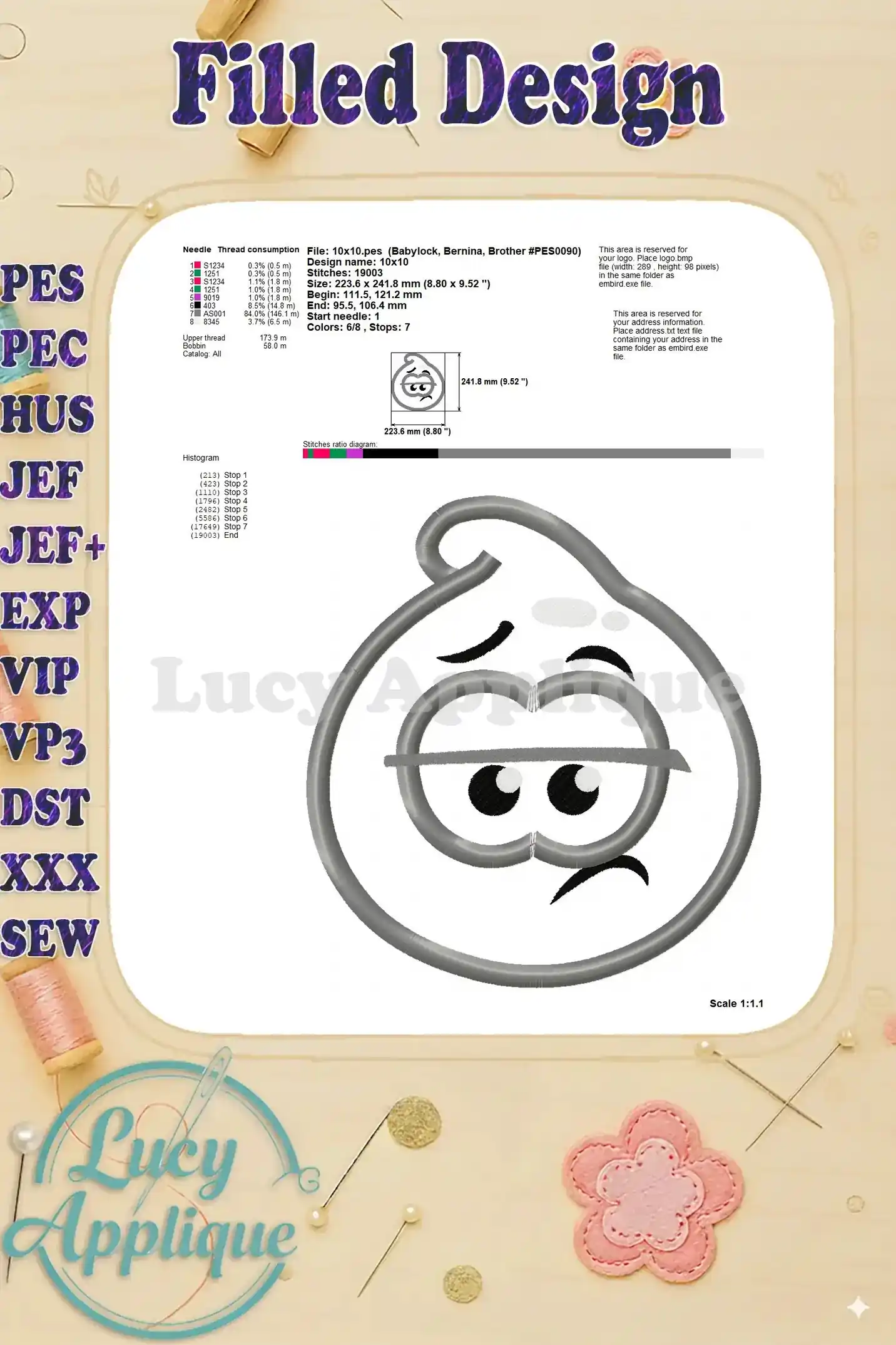 Detailed information on needle type, stitch count, and design dimensions for the Grey Jelly applique embroidery design.