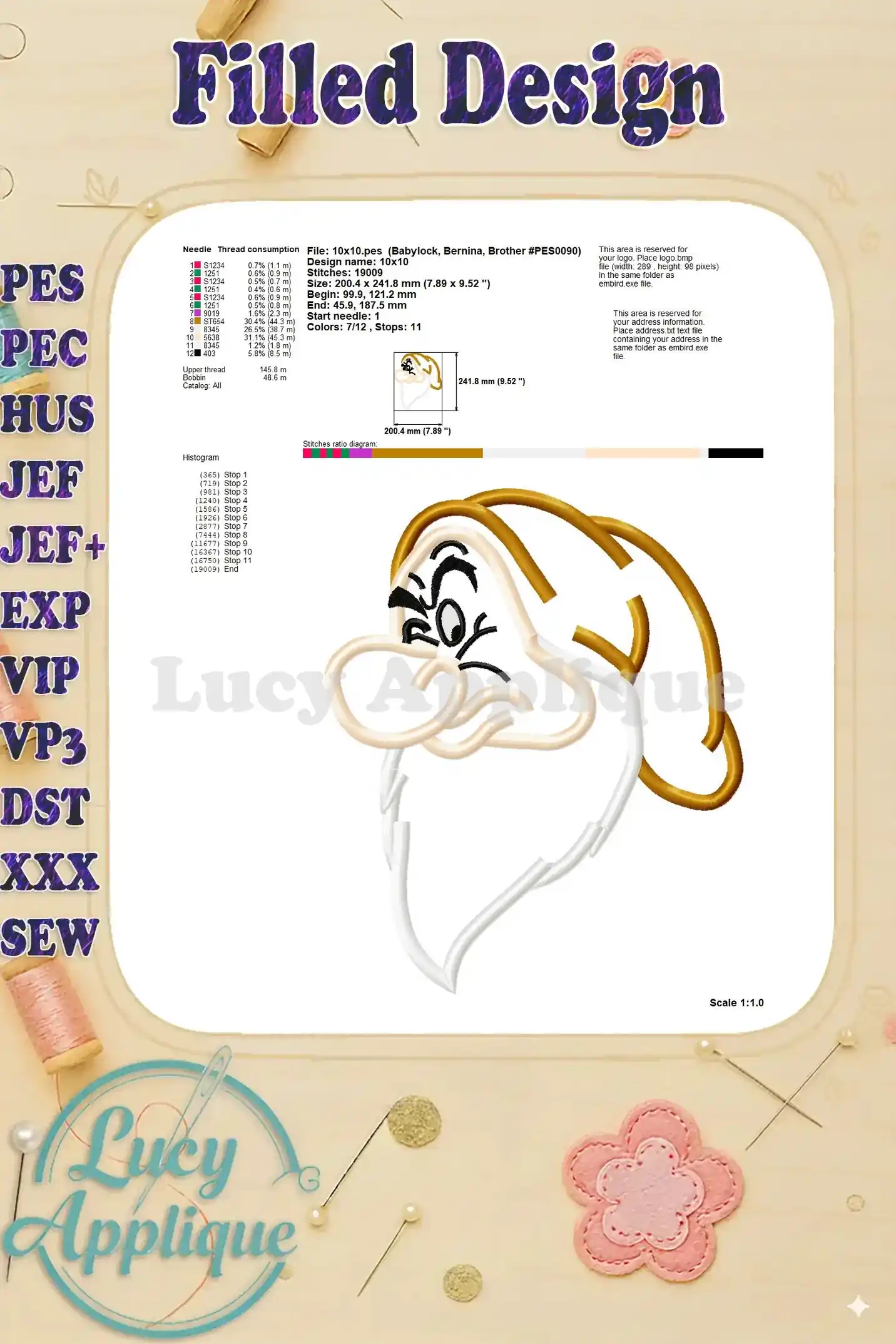 Detailed information on needle, thread consumption, and size specifications for the grumpy dwarf applique embroidery design.