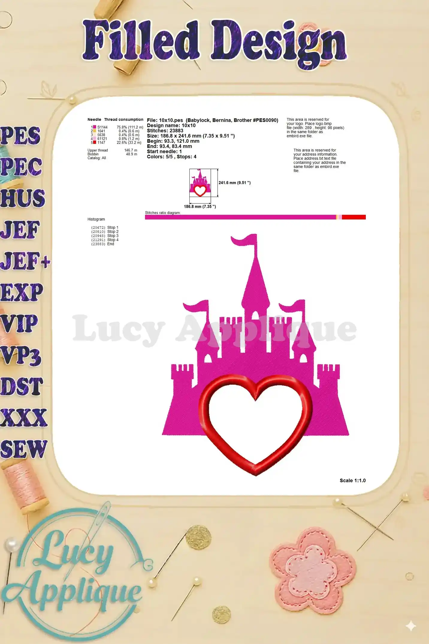 Another view of the filled design, with details on thread consumption and stitch density for the Heart and Pink Castle applique.