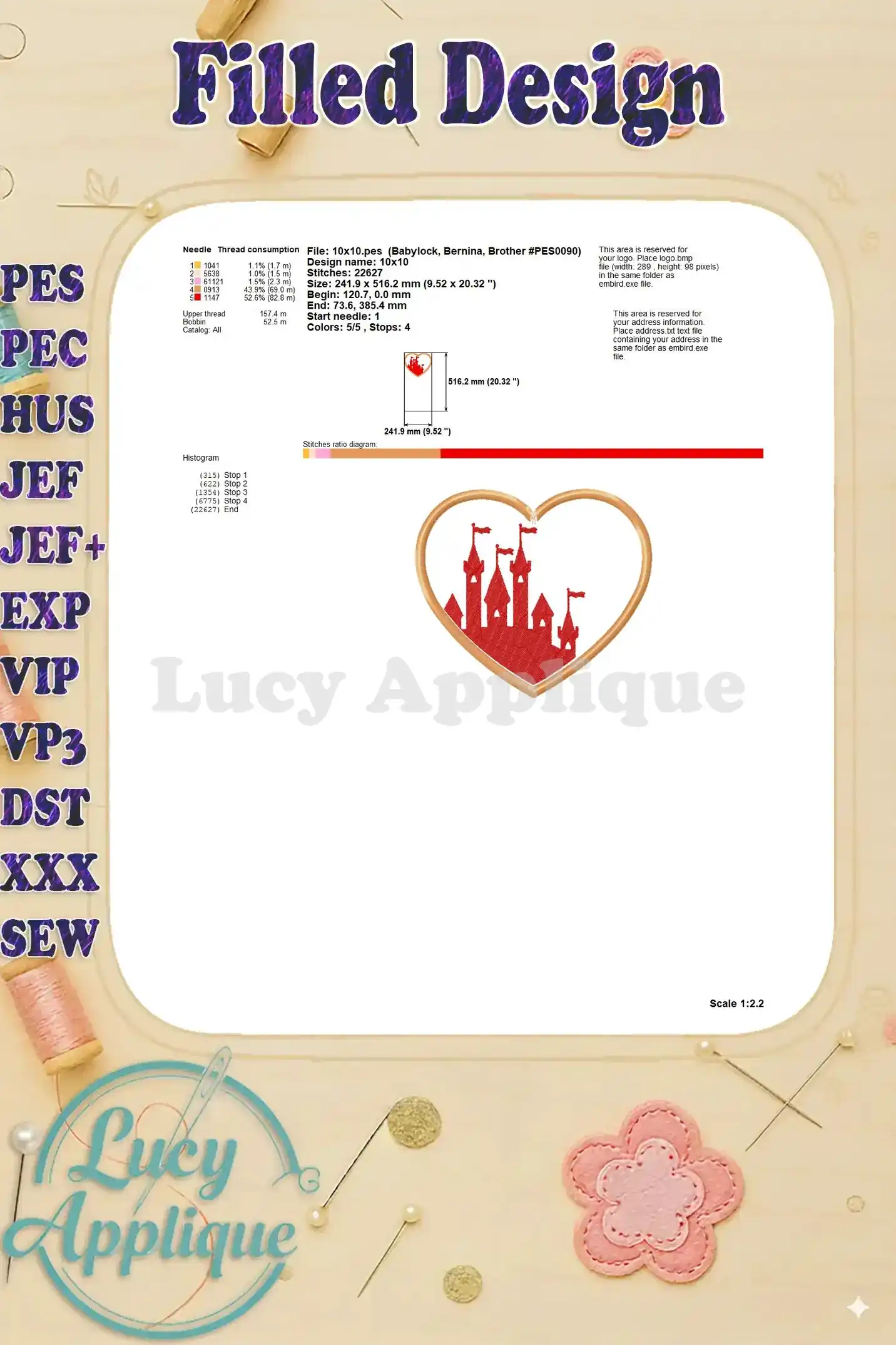 Filled Design Details: Comprehensive information on thread consumption, design dimensions, and stitch details for the Heart Castle Applique.