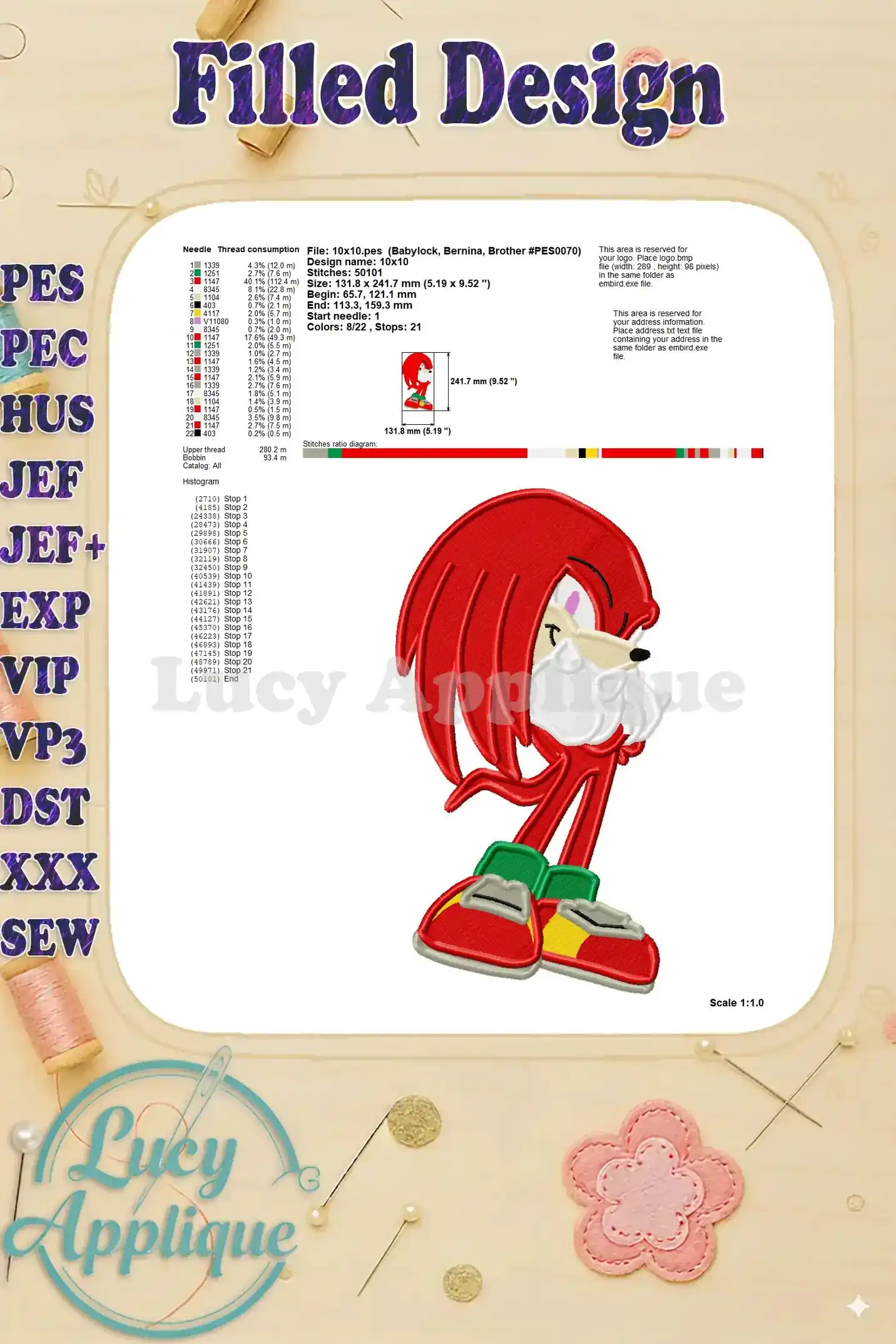 Additional information and design details for the Knuckles the Echidna embroidery design, including thread usage and stitch count.