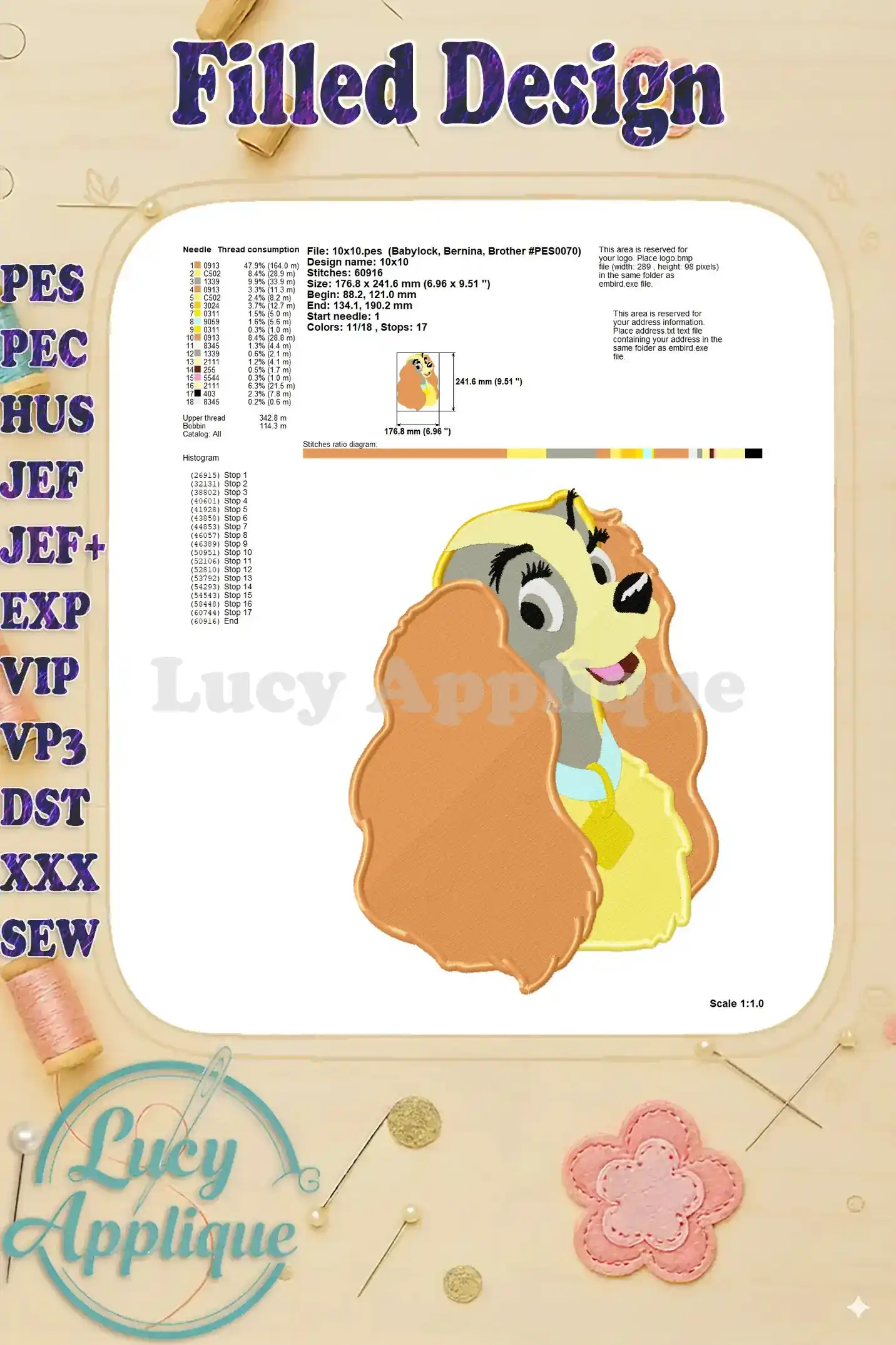 A detailed infographic showing thread consumption, design dimensions, and other essential information for the Lady and the Tramp embroidery design.