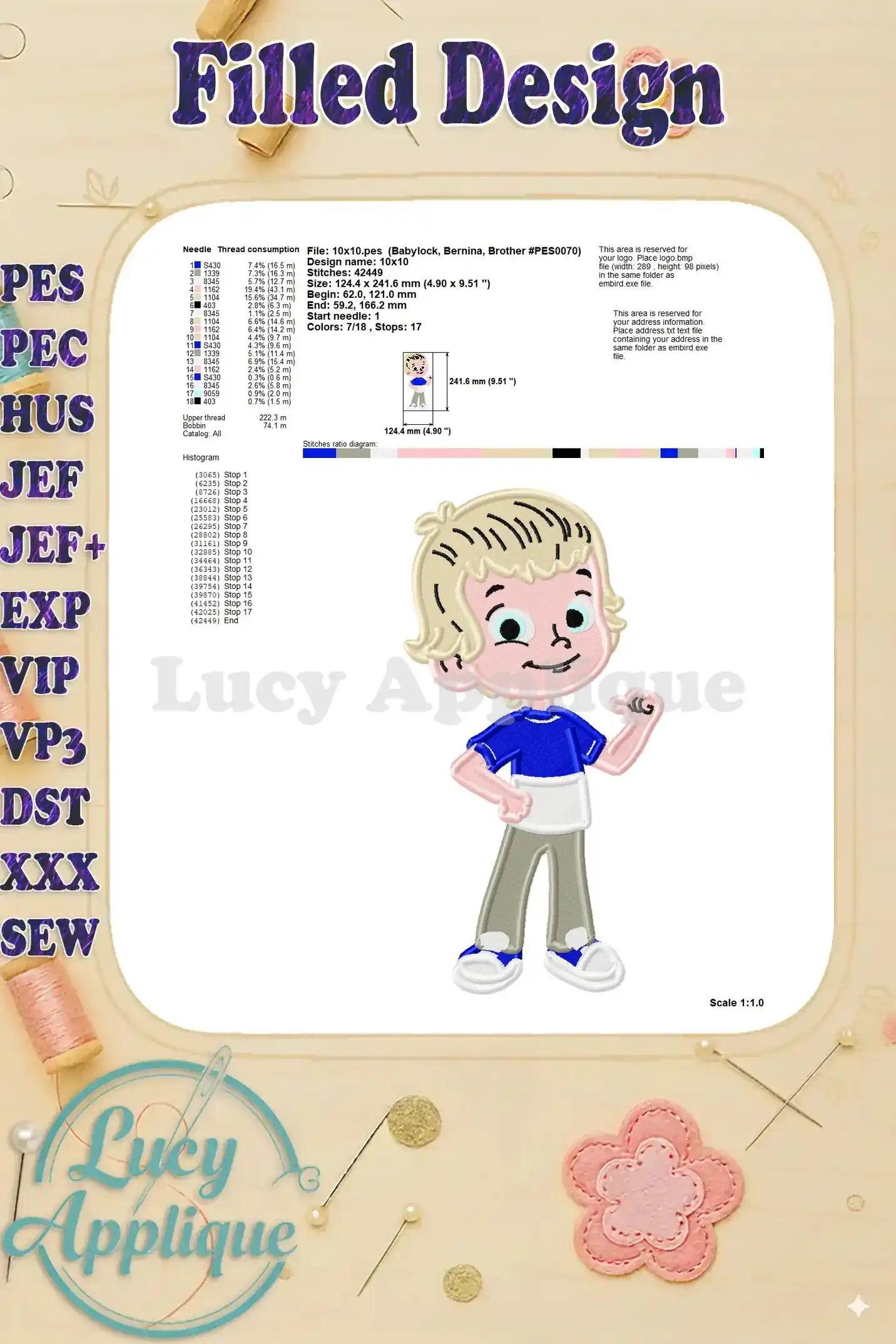 Needle and thread chart for the Liam McCloud embroidery design with size and quantity details for a smooth stitching process.