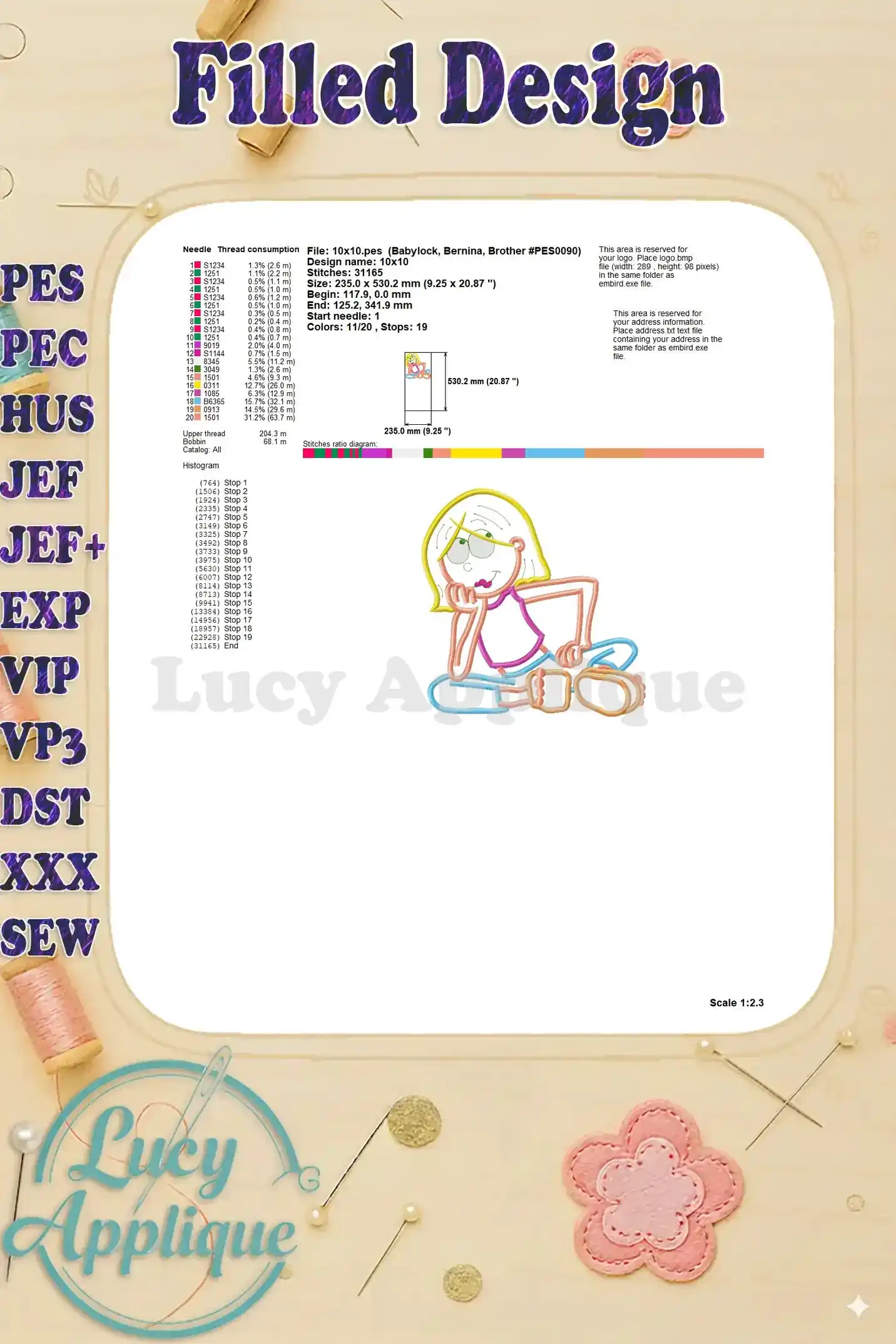 Detailed information on needle, thread consumption, and design dimensions for the Lizzie McGuire filled embroidery design.