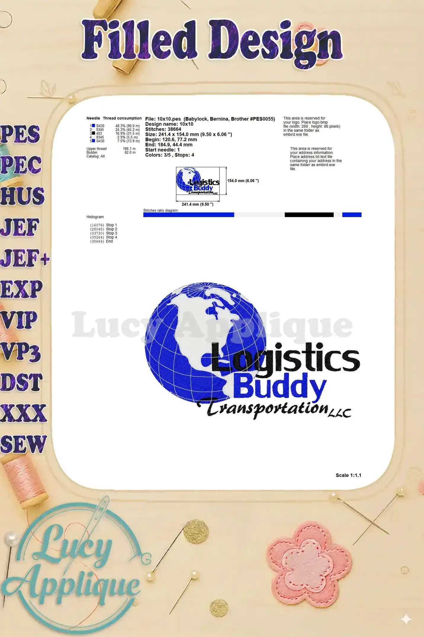 Needle thread consumption chart, design dimensions, and start/stop positions for Logistics Buddy Fill Embroidery Design.