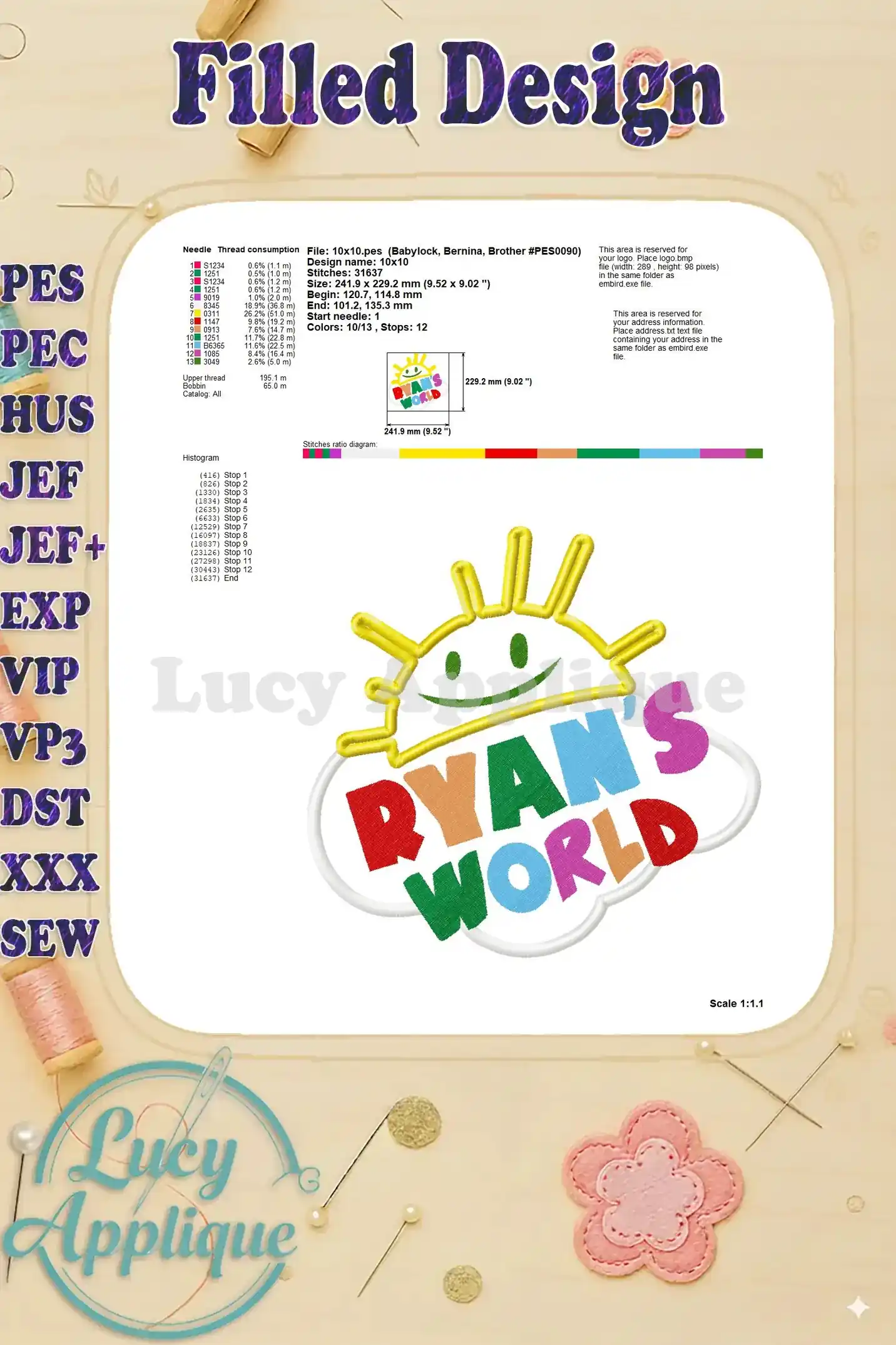 Filled design with detailed information about the thread usage, stitch count, and design dimensions. Helpful for embroidery planning.