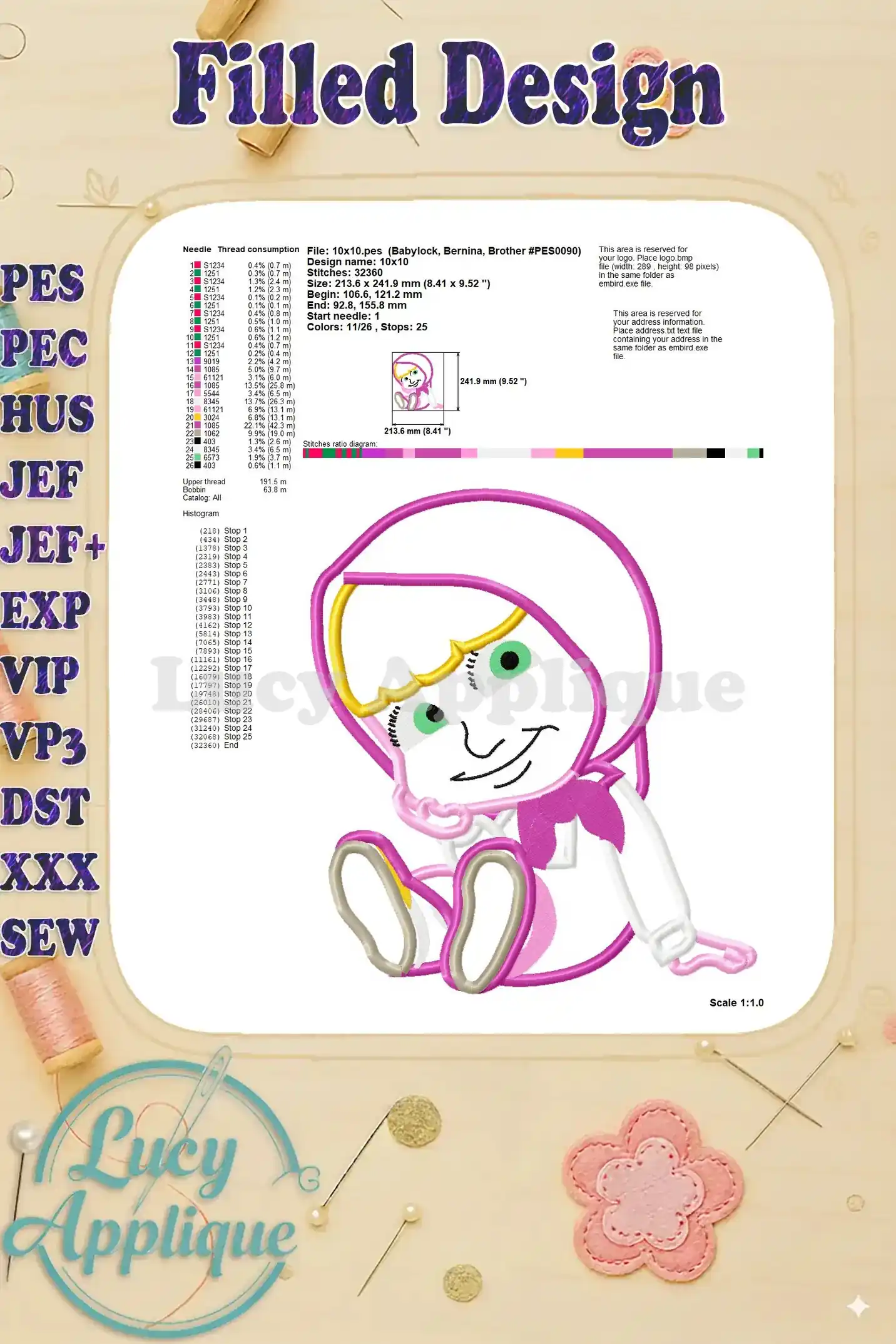 Filled design showing the Masha applique embroidery design with thread consumption details. Includes stitch count and size information.