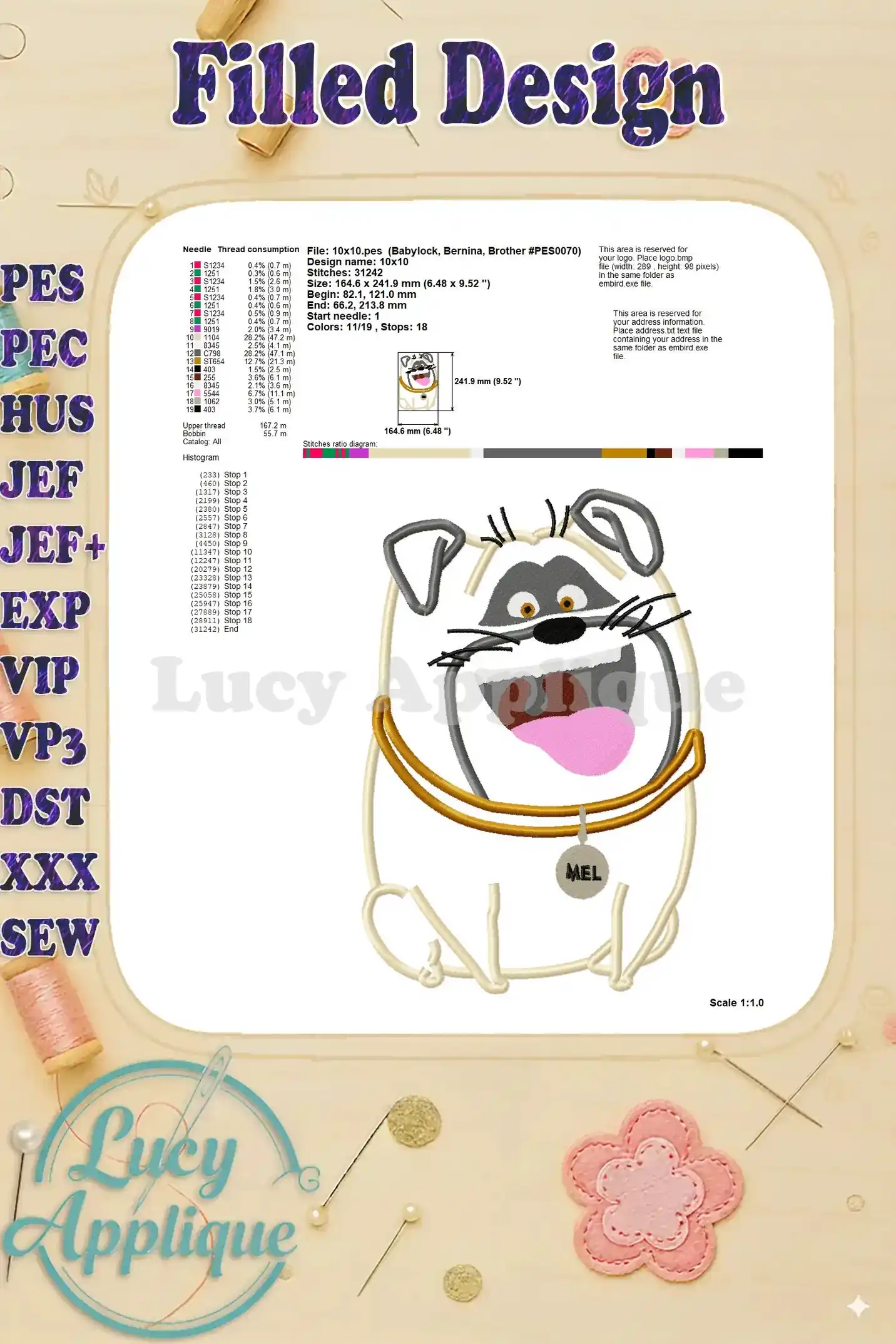 Detailed information for the filled Mel the pug design, including needle and thread consumption, design size, and stitch count. Perfect for planning your embroidery project.