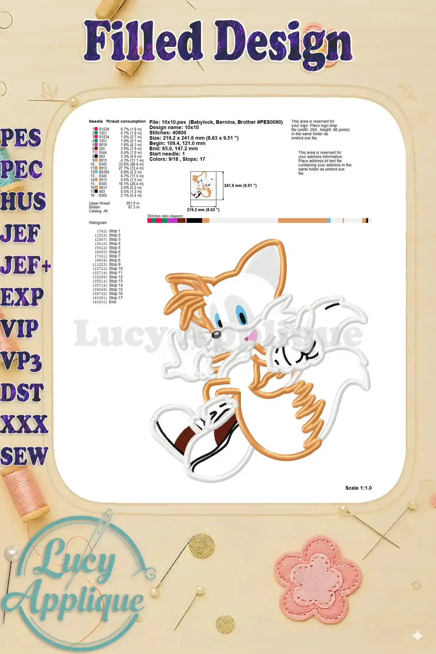 Detailed worksheet for the filled Miles Tails Prower embroidery design, providing information on stitch counts, thread usage, and other crucial details.