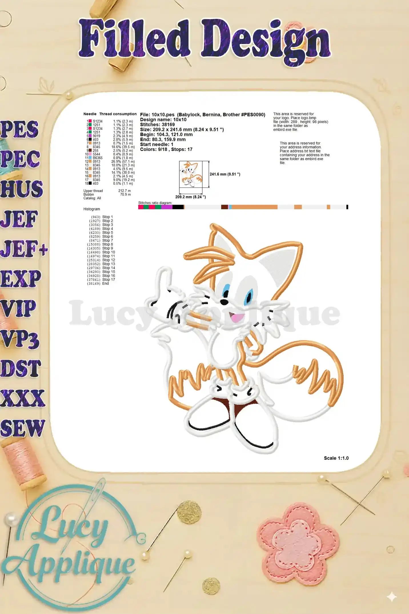 Detailed information on the filled applique design, including thread consumption, stitch count, and dimensions.