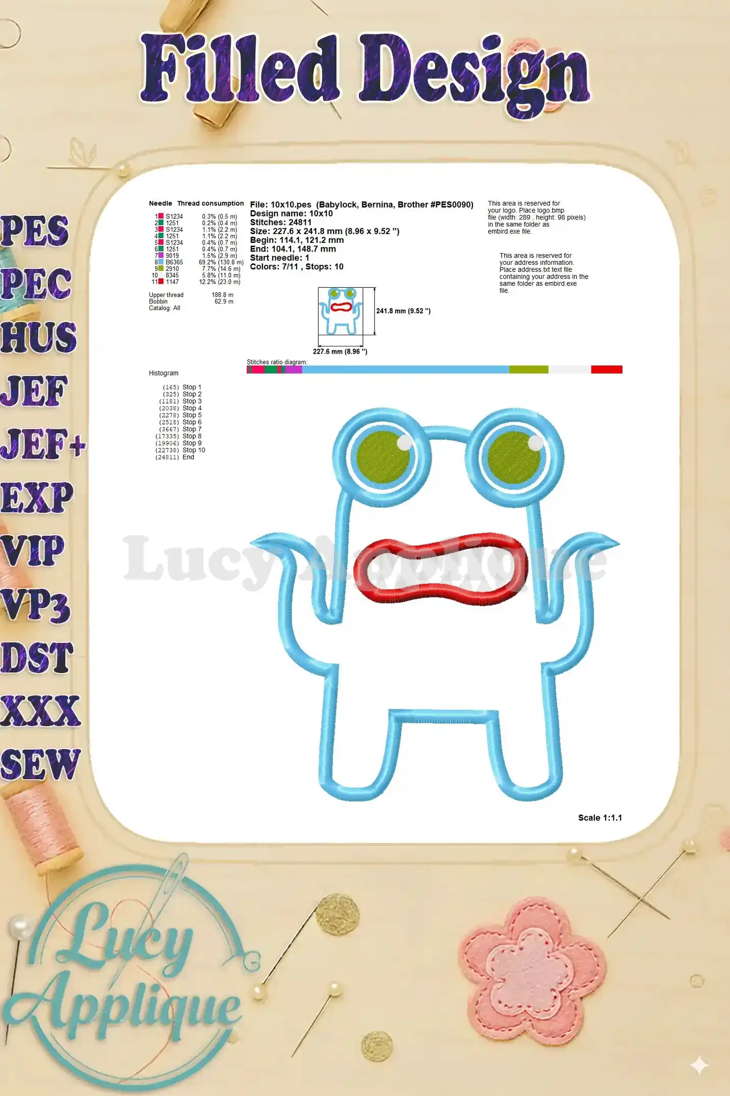 Detailed filled design showing the completed monster applique embroidery, including needle and thread specifications.