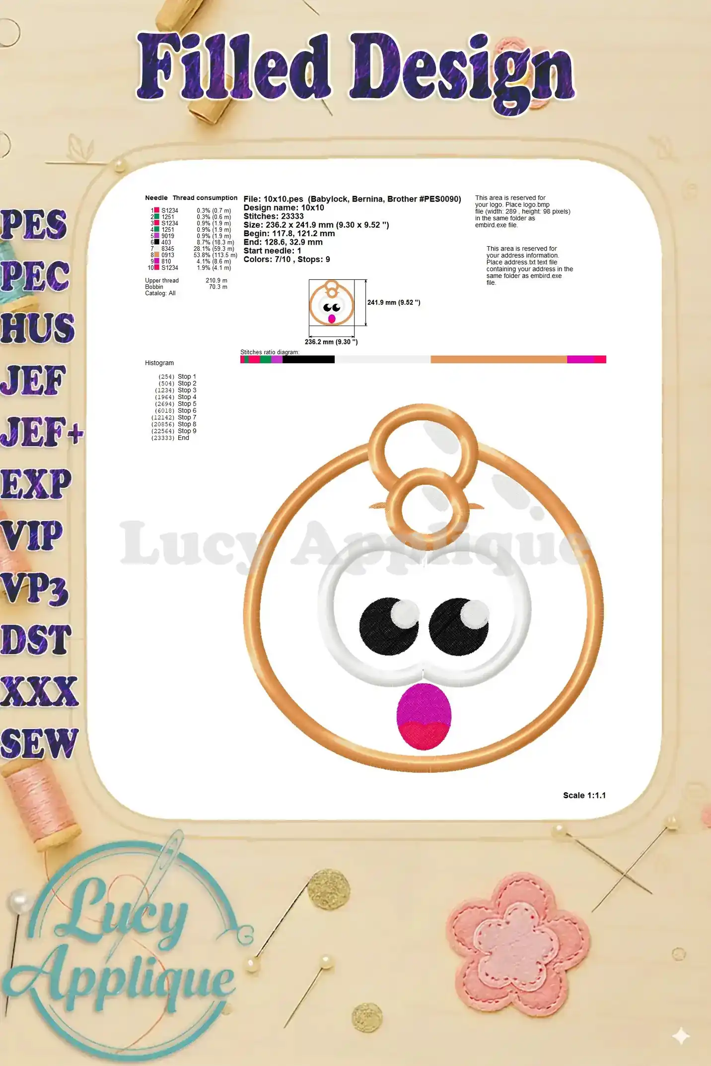 Filled Design technical specifications for the Orange Jelly Applique, including needle and thread consumption details for accurate embroidery.