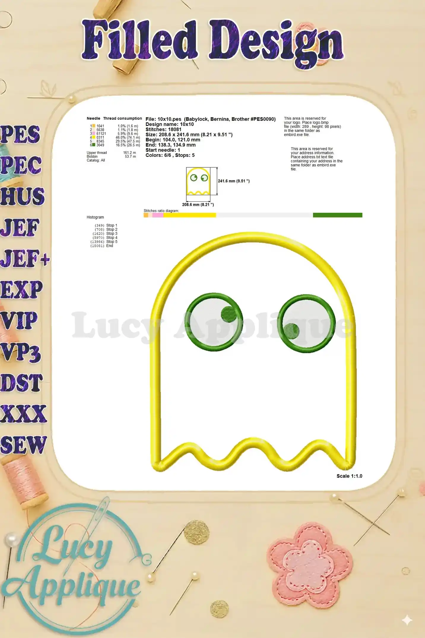 Detailed diagram of the finished Pac-Man ghost applique embroidery, showing stitch details and dimensions for precise embroidery.