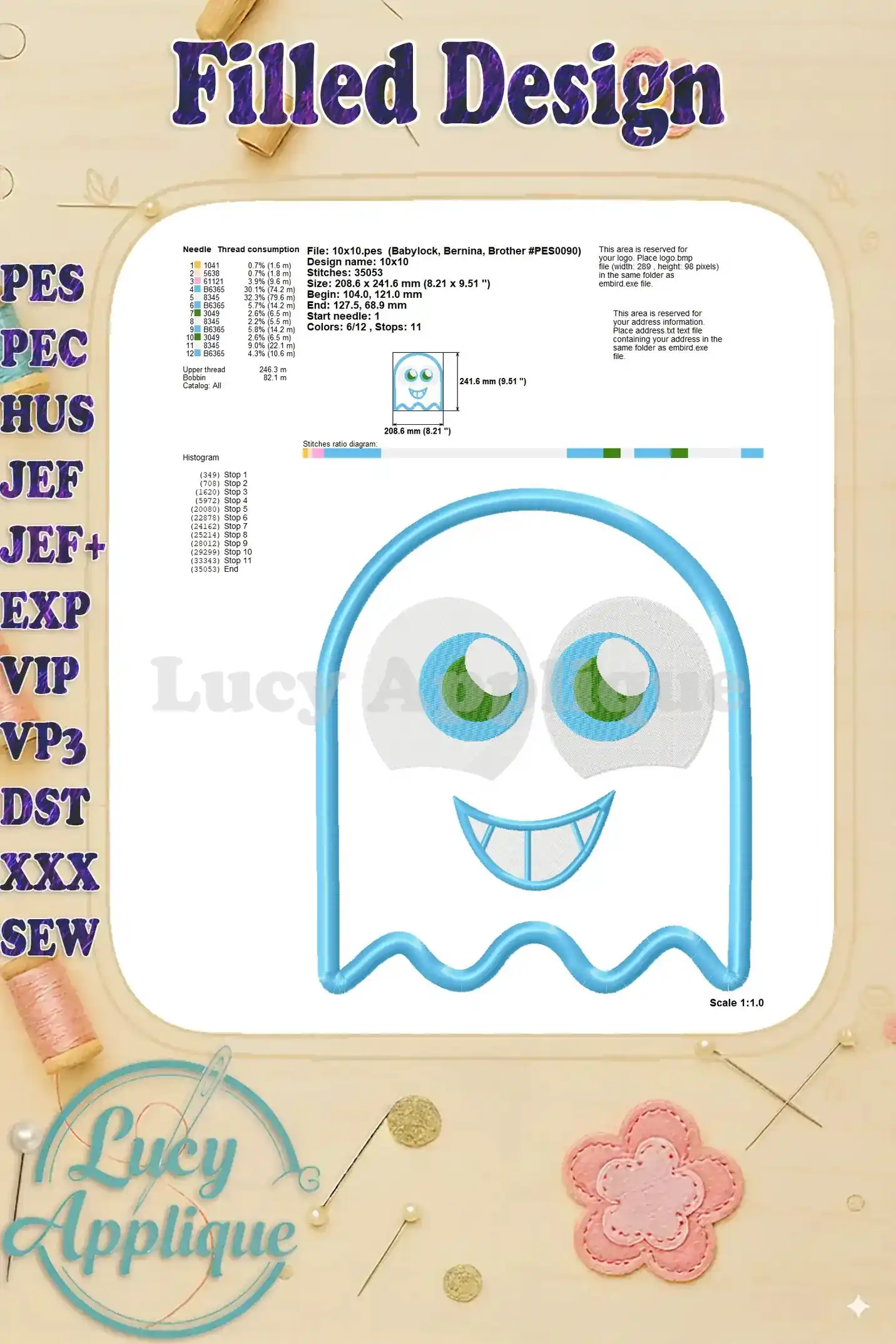 Detailed information of the filled design of the Pac-Man ghost applique embroidery design, showing thread consumption and stitch details.