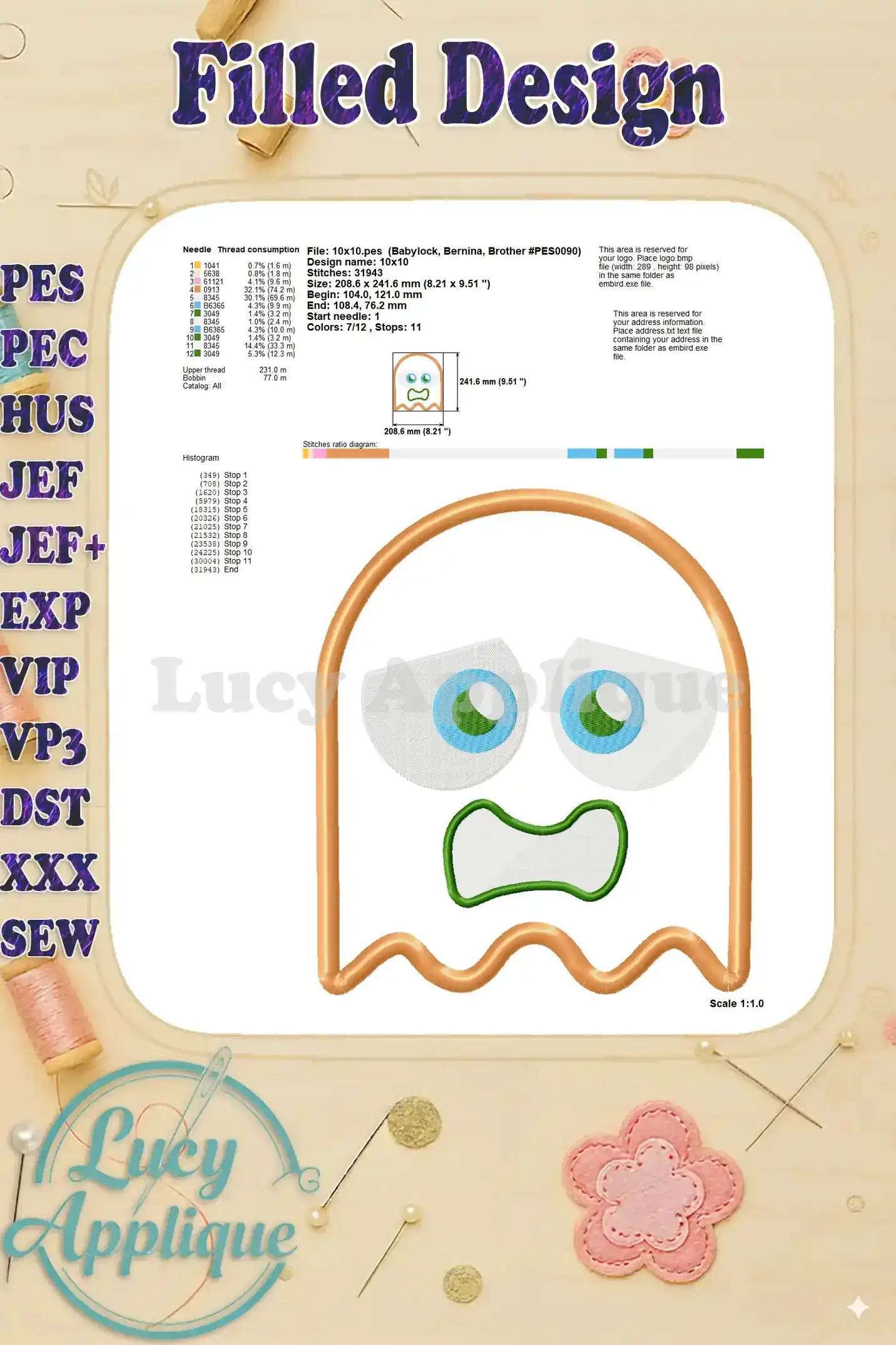Detailed information on the filled design, including needle usage, thread consumption, stitch count and design dimensions for the Pac-Man ghost embroidery.