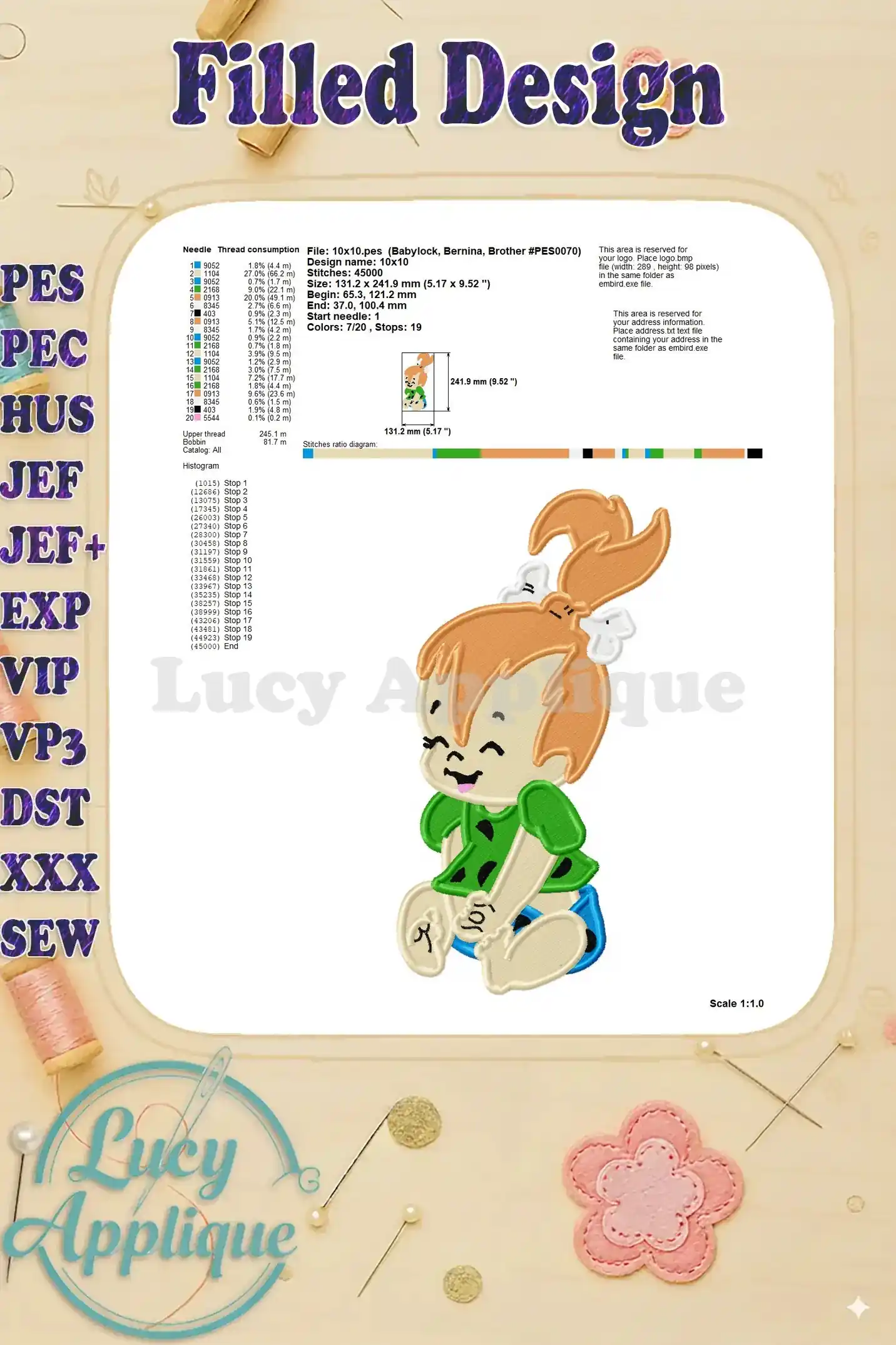 Needle and thread consumption information for the Pebbles Flintstone embroidery design, along with design dimensions and stitch details.