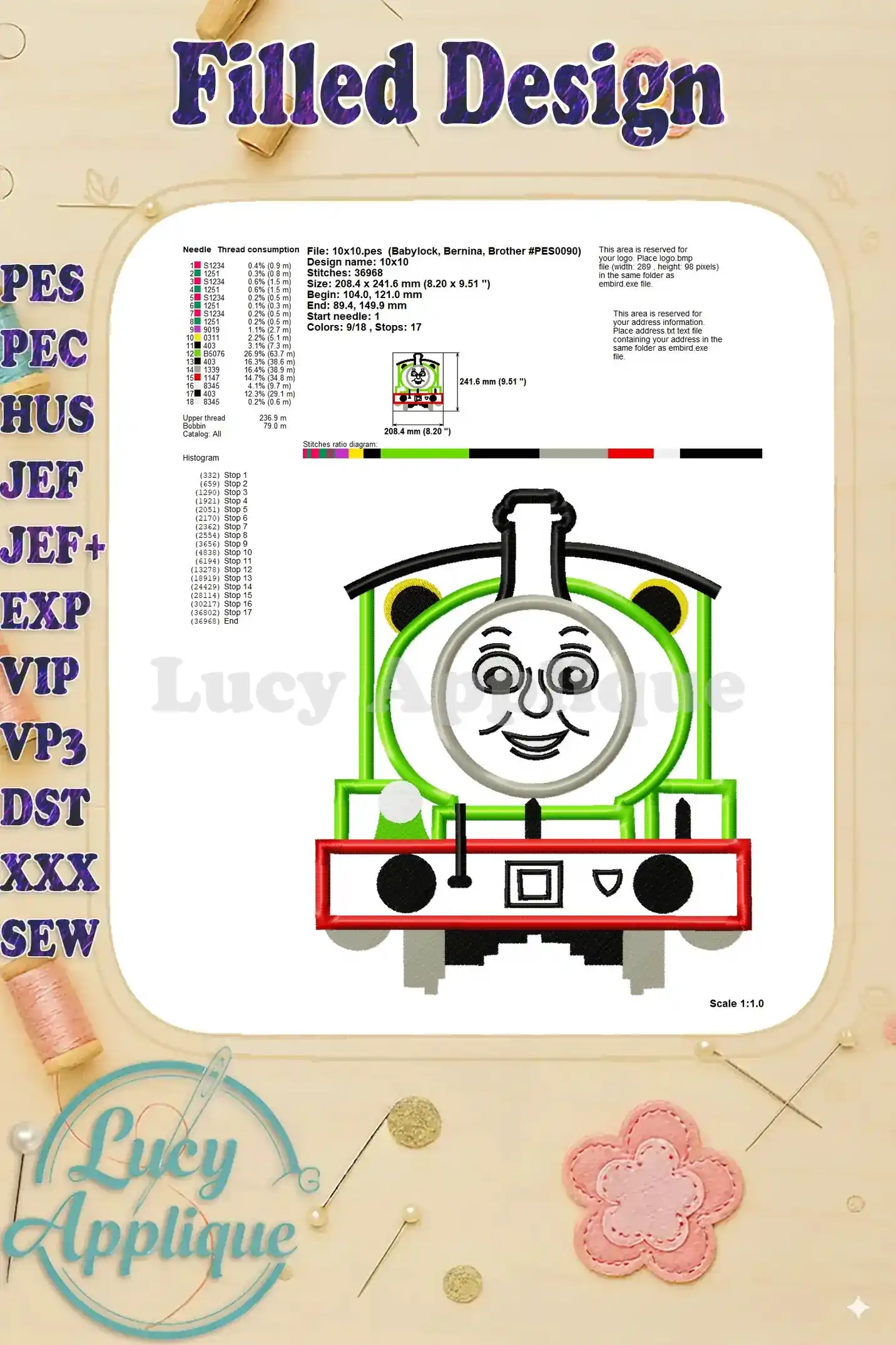 Detailed filled design image of Percy the Train applique, showing needle consumption, fabric dimensions, and other technical specifications.