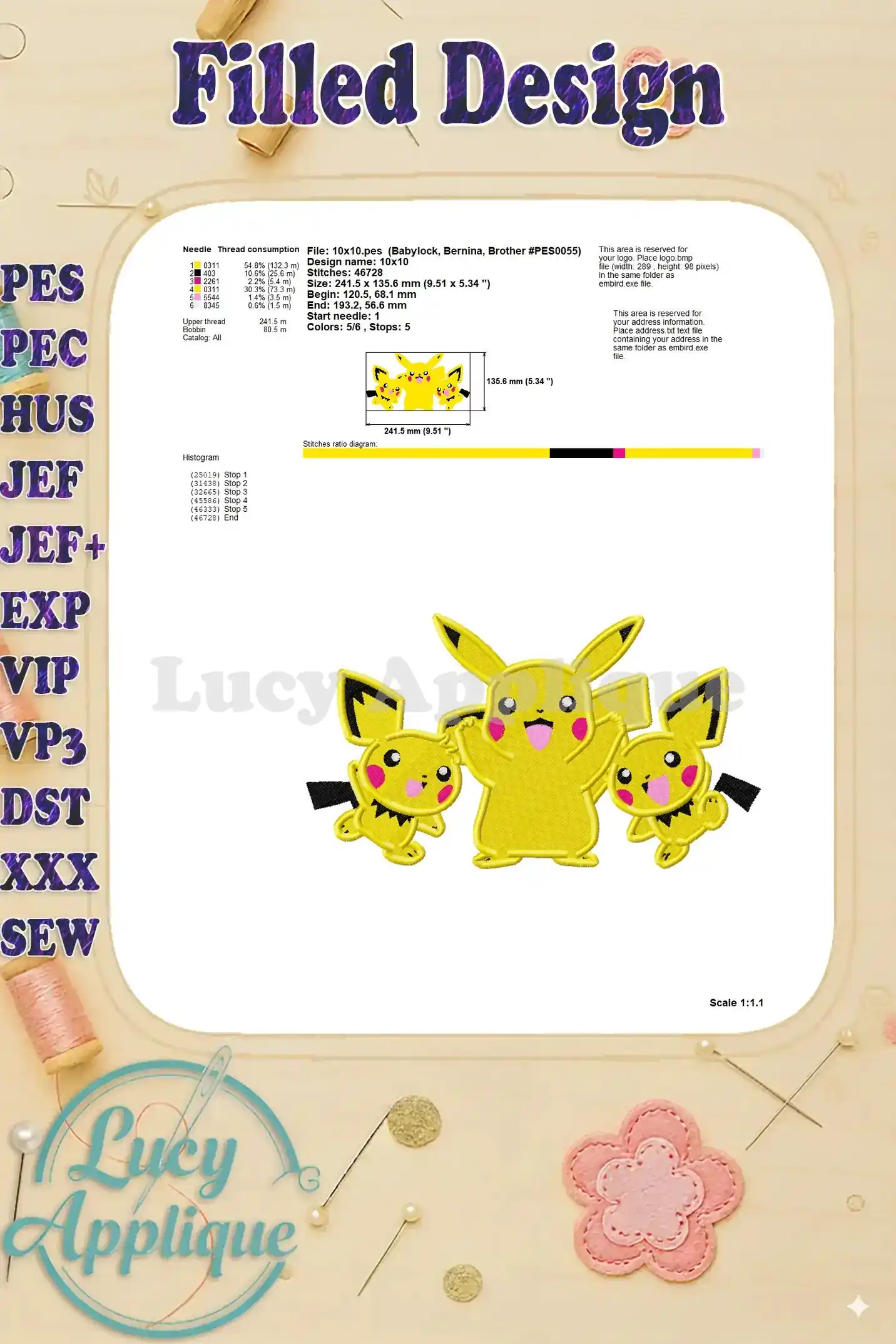 Detailed information about the Pichu and Pikachu embroidery design, including dimensions, stitch count, and thread consumption.
