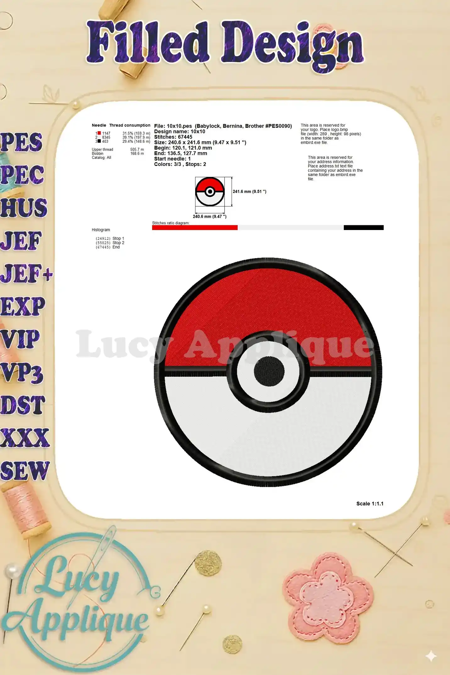 Detailed embroidery design specs for the Pokeball, including stitch count, size, and machine compatibility. For precise embroidery.