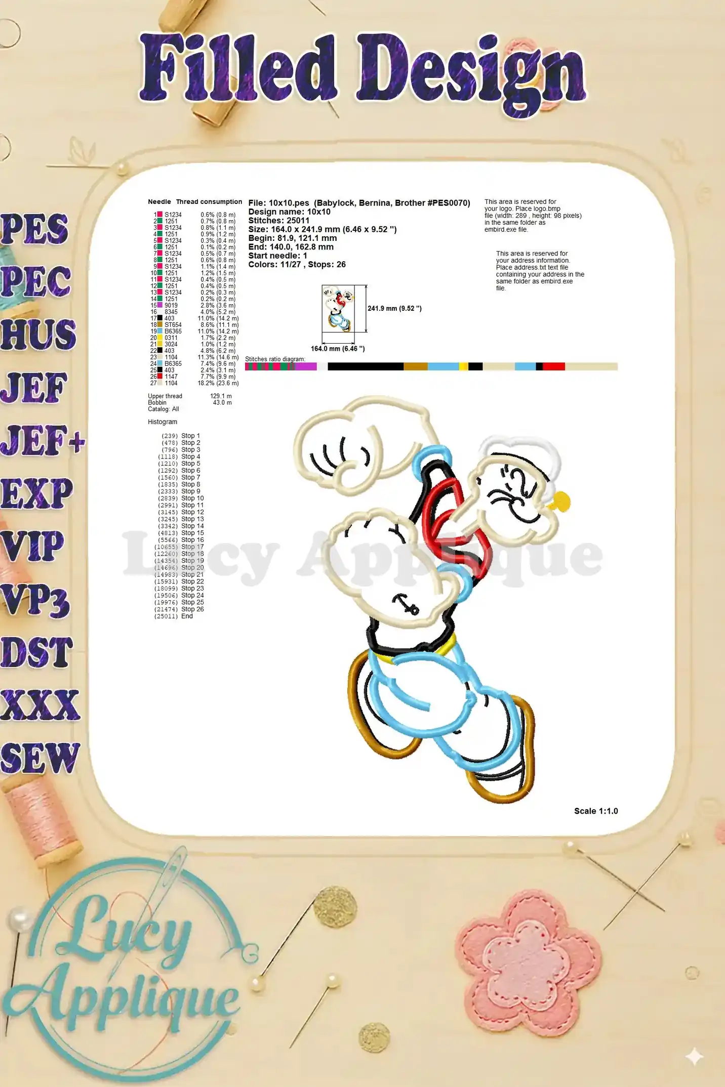 Another filled design chart for the Popeye applique, offering a different perspective and scale.
