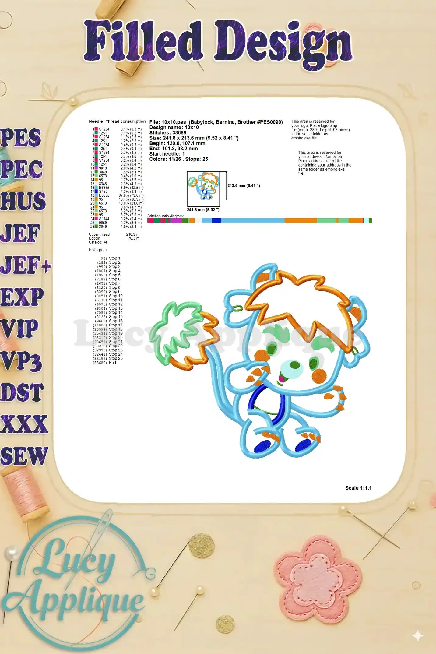 Detailed information on the filled design, including thread consumption, stitch count, and other important details for embroidering the Popples applique. This chart is crucial for accurate preparation and execution of the embroidery process.