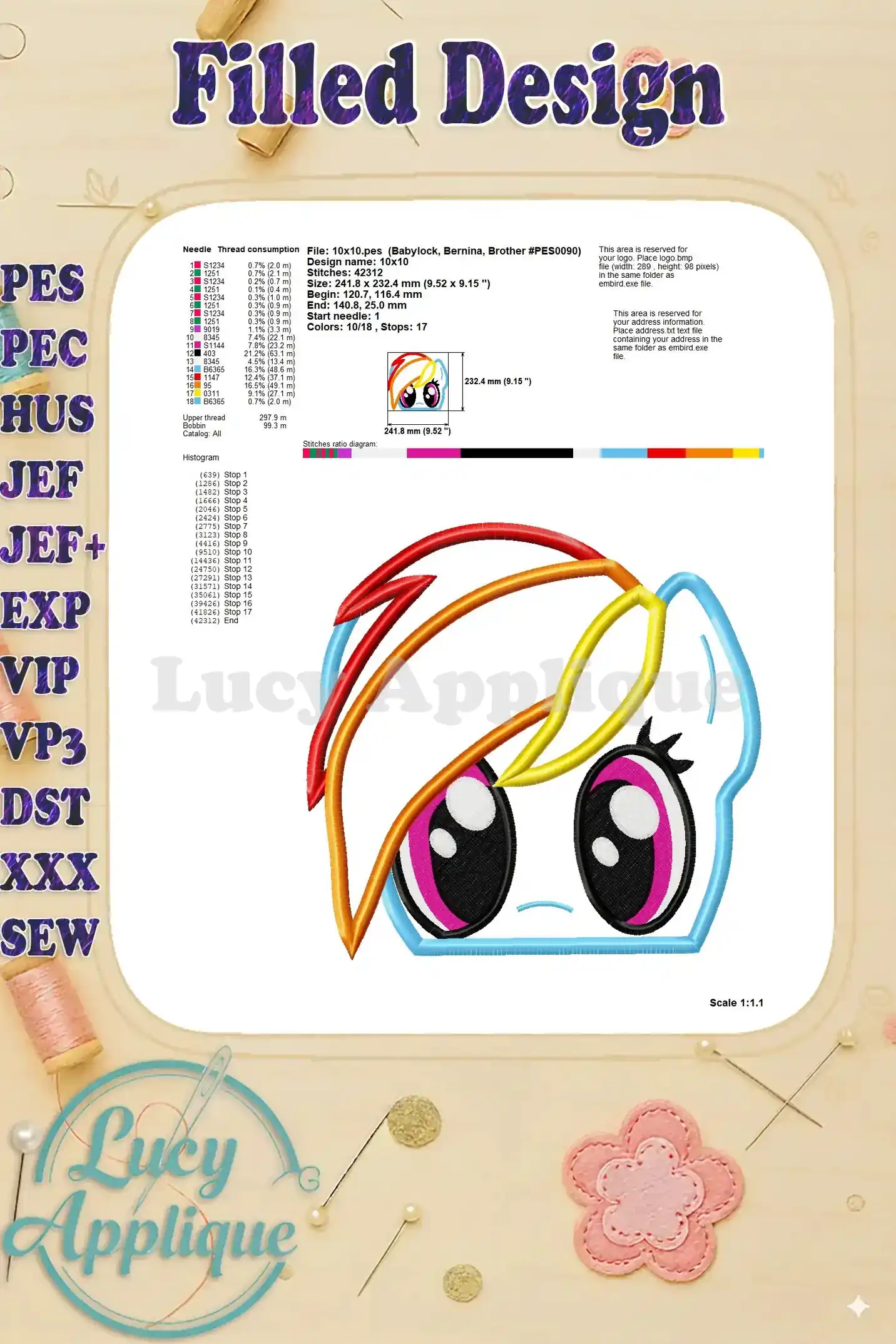 Needle and thread consumption details for the Rainbow Dash My Little Pony applique embroidery design. This image provides information about the materials needed.