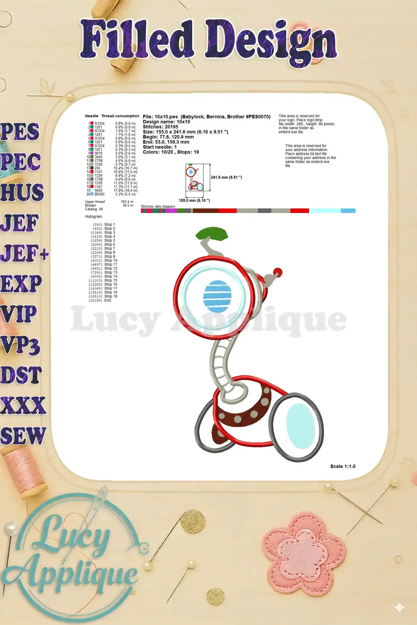 Detailed filled design specifications for the Ray Rusty Rivets applique, including needle, thread, and stitch information.