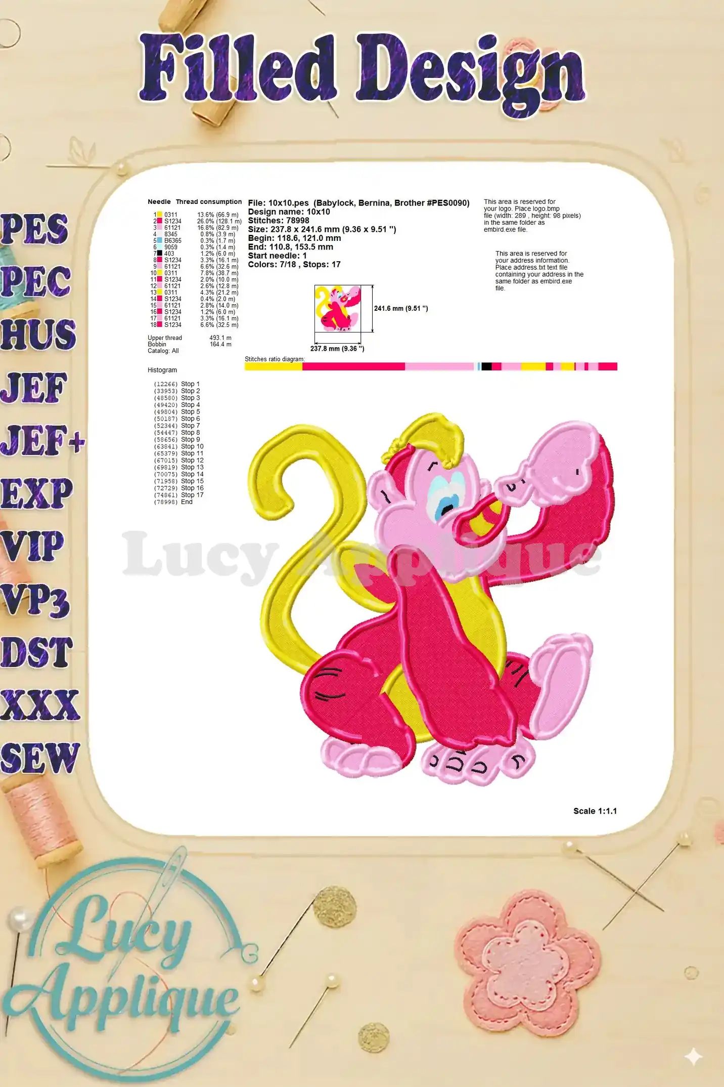 Needle thread consumption chart and additional details for the Rhinokey embroidery design, including stitch diagram, scale, and design size.