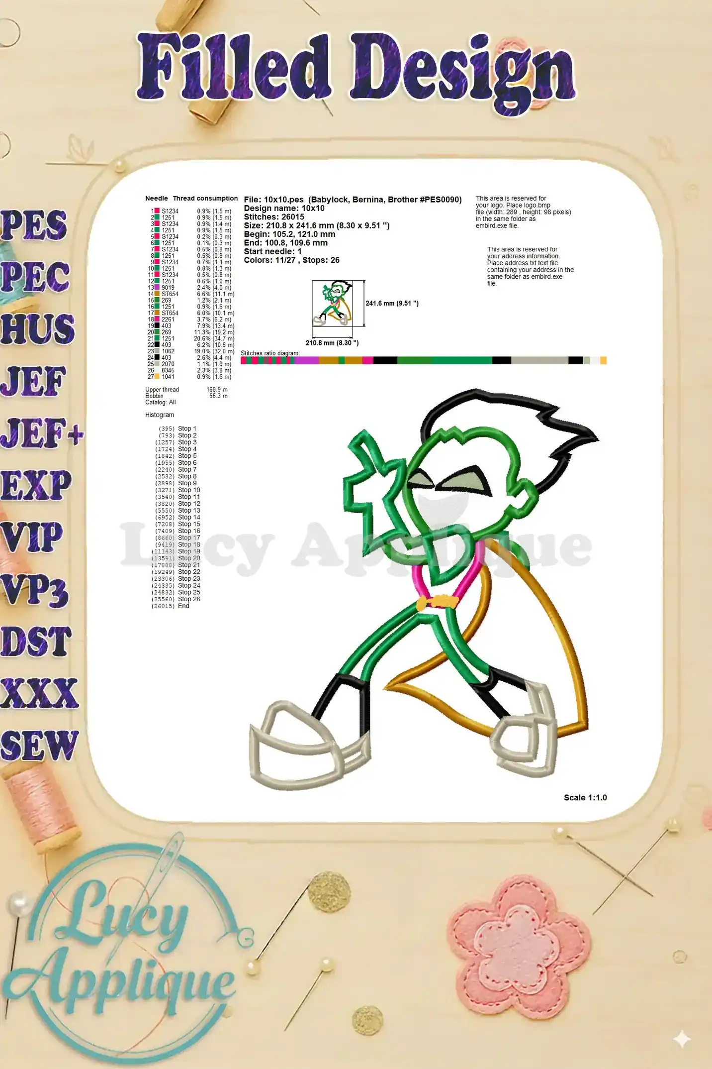 Filled design image for the Robin Teen Titans Go applique embroidery design with detailed information about thread usage, stitch count, and other helpful details.