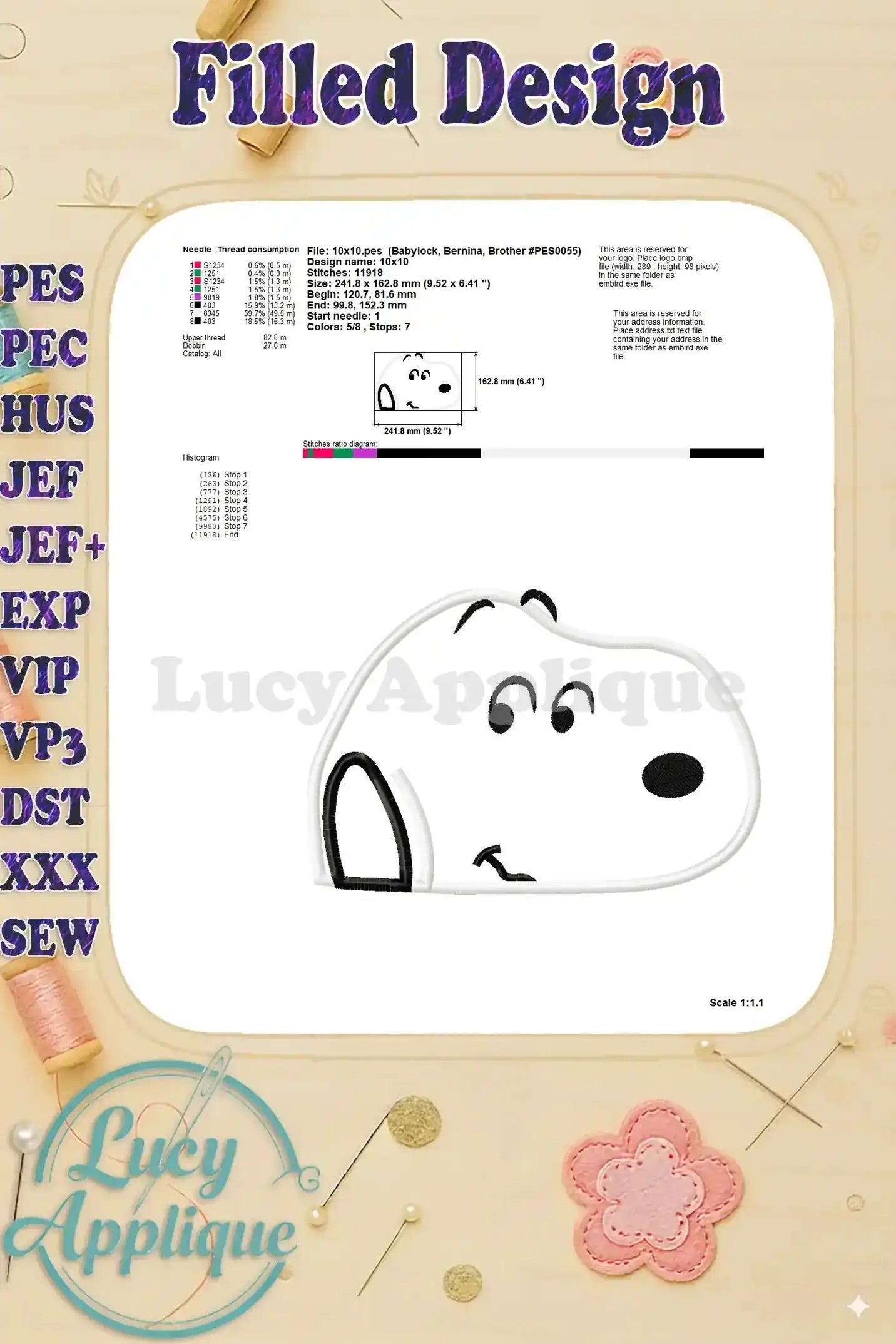 Detailed information on needle consumption, design dimensions, and stitch diagram for the Snoopy Peanuts applique embroidery design.