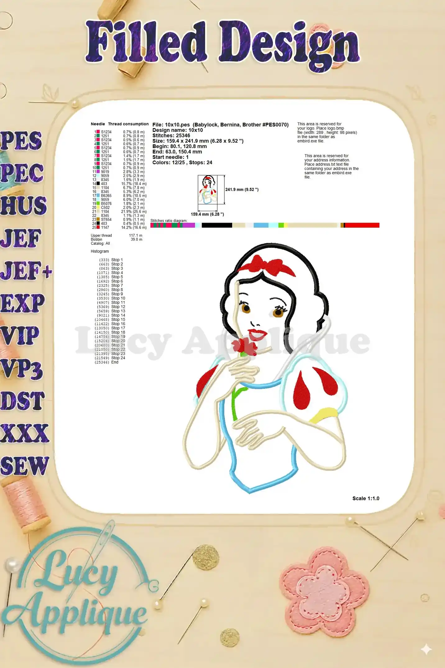 Detailed information and specifications for the Snow White applique embroidery design, including needle, thread, and hoop size details.