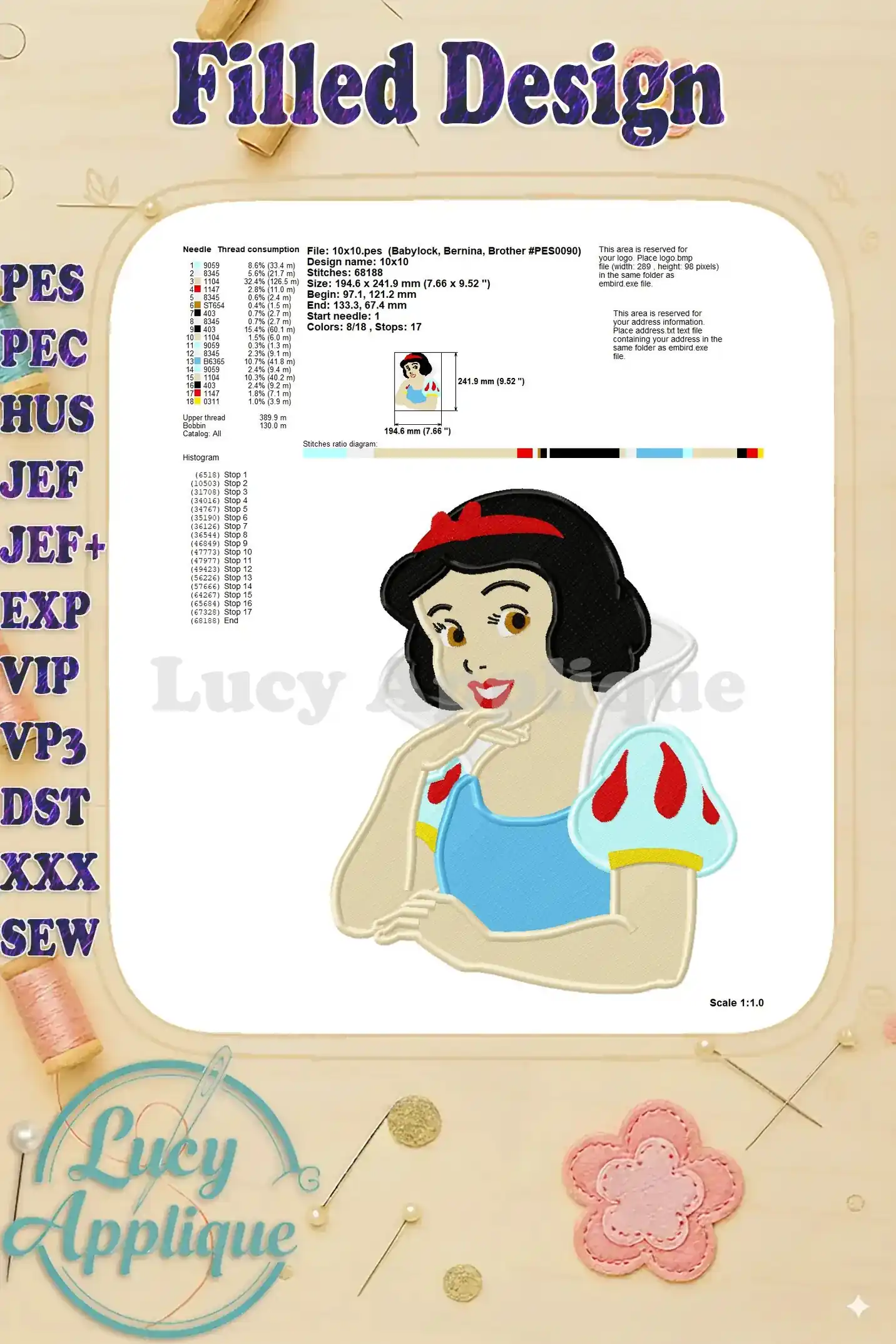 Detailed diagram showing the design layout, stitch count, and other essential information for the Snow White embroidery.