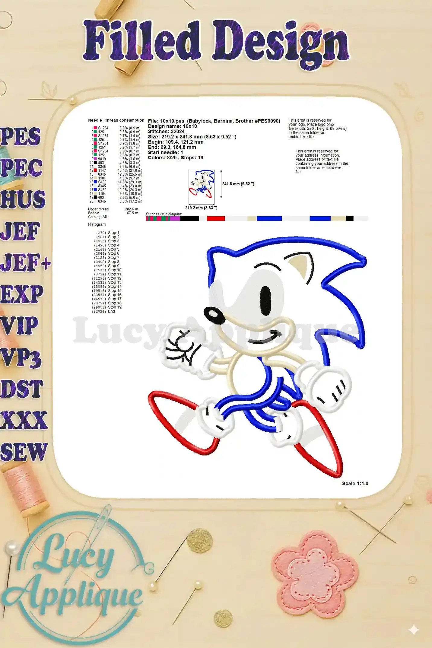 Detailed filled design of the Sonic applique, including needle and thread information for accurate recreation.