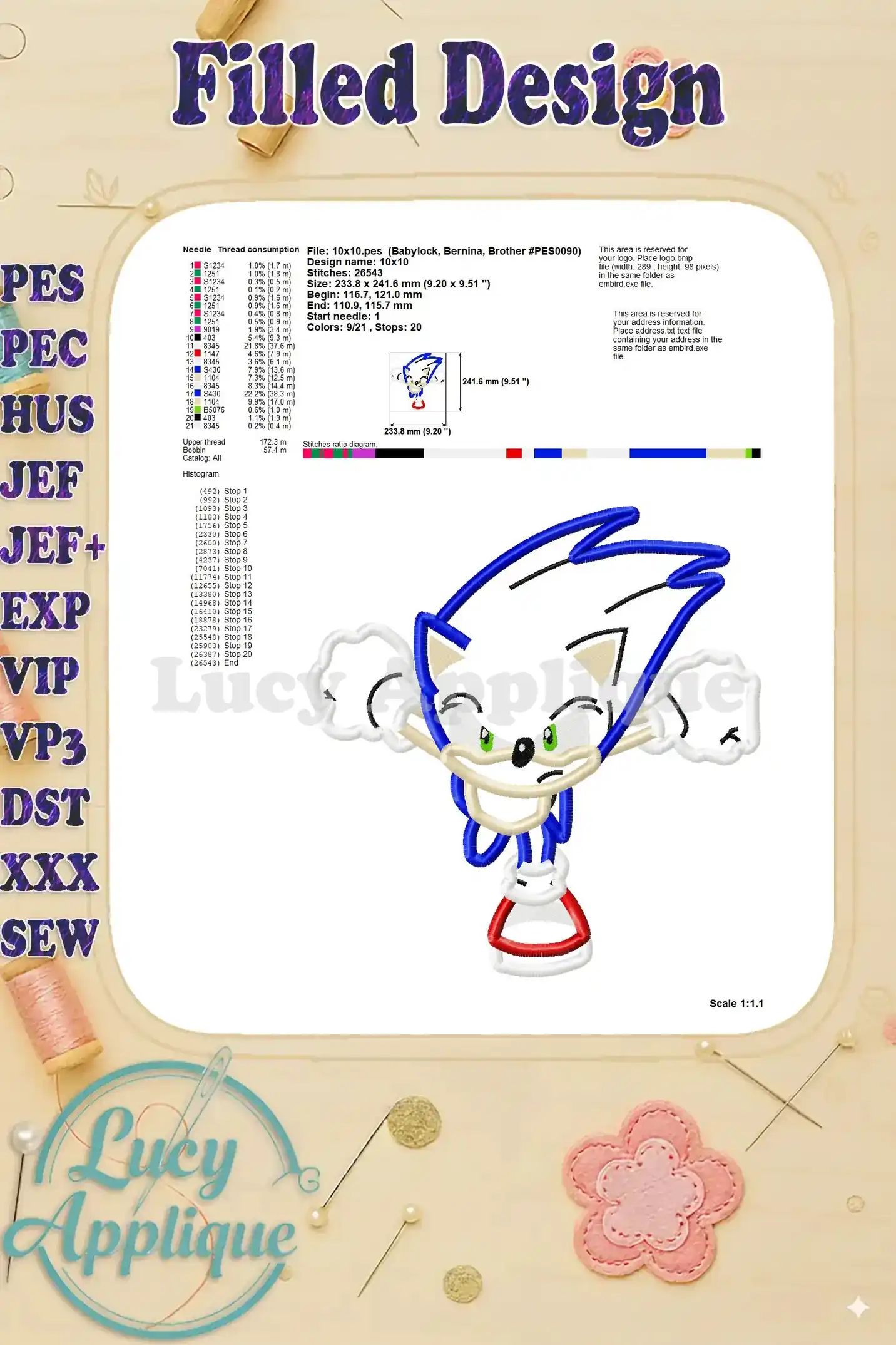 Detailed filled design showing the final look of the Sonic the Hedgehog applique embroidery design, including thread details and stitch count.