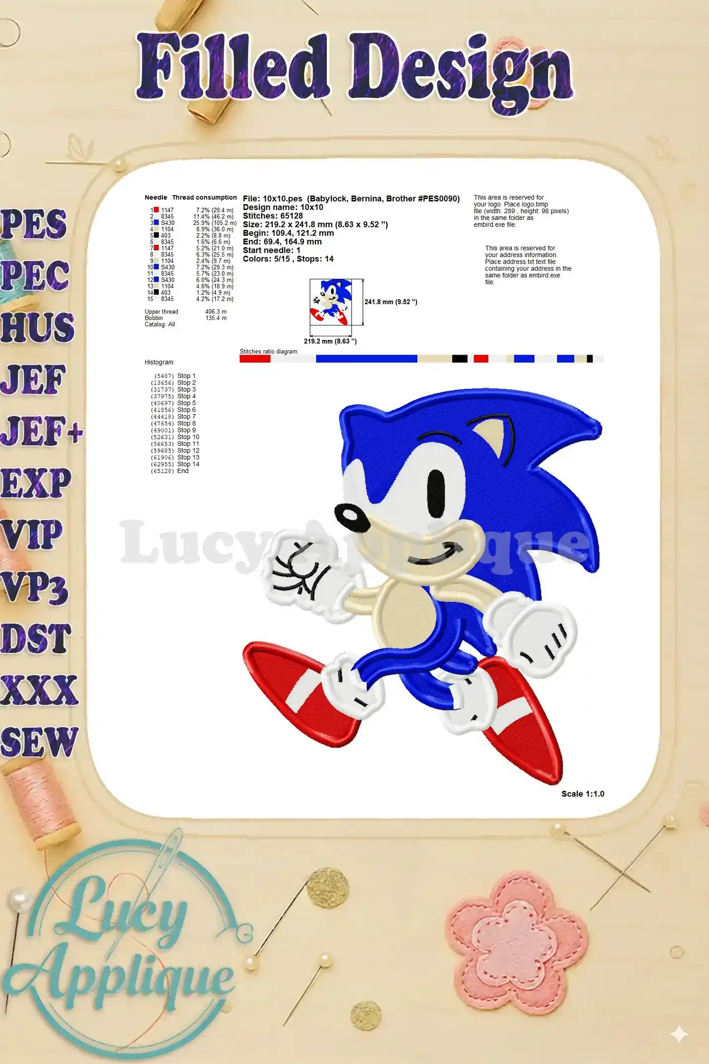 A detailed diagram showing the needle usage, thread consumption, and design dimensions of the Sonic the Hedgehog embroidery design.