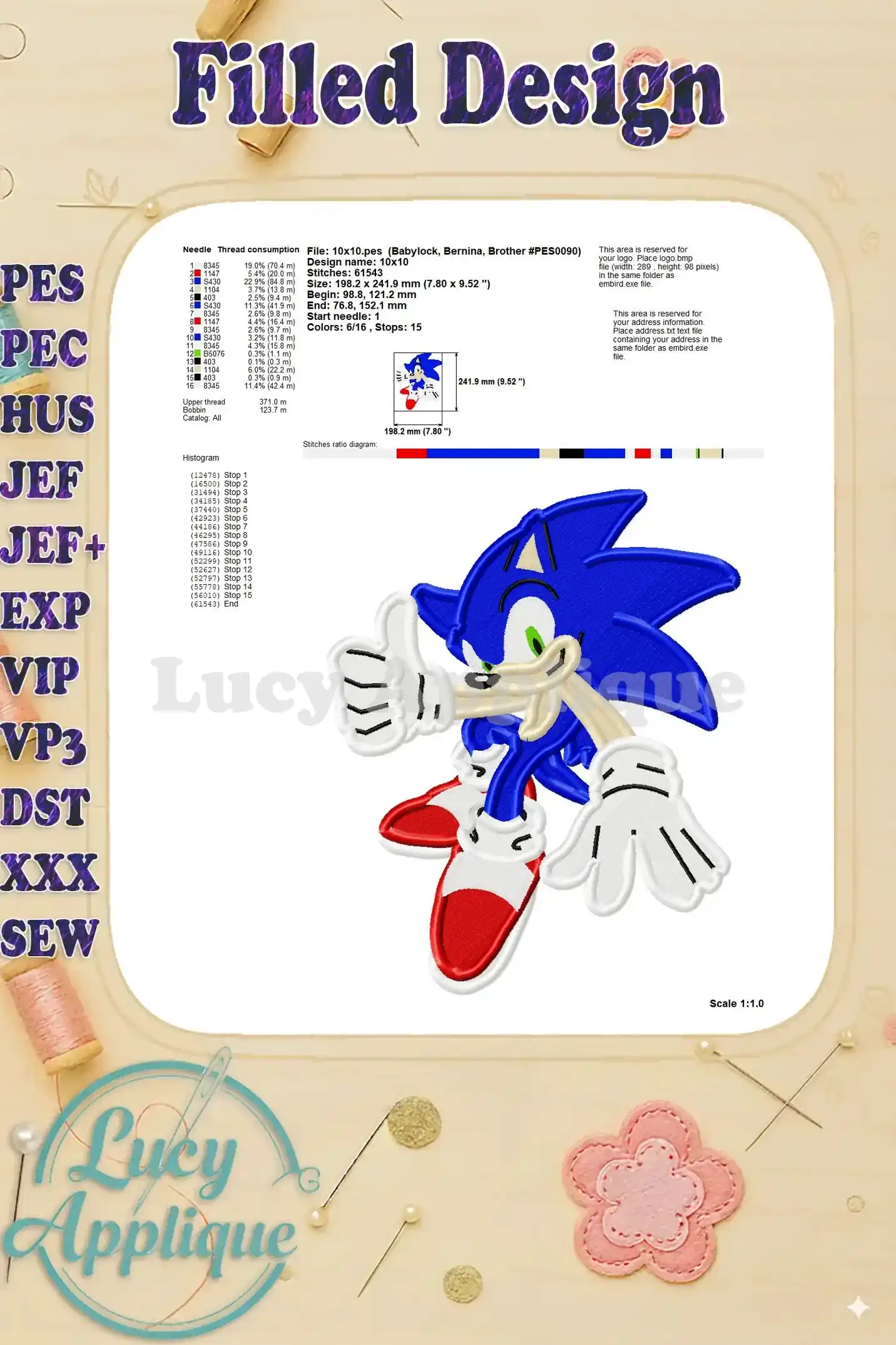 Detailed information about the Sonic embroidery design, including needle and thread consumption, design size, and stitch count. Precise measurements included.